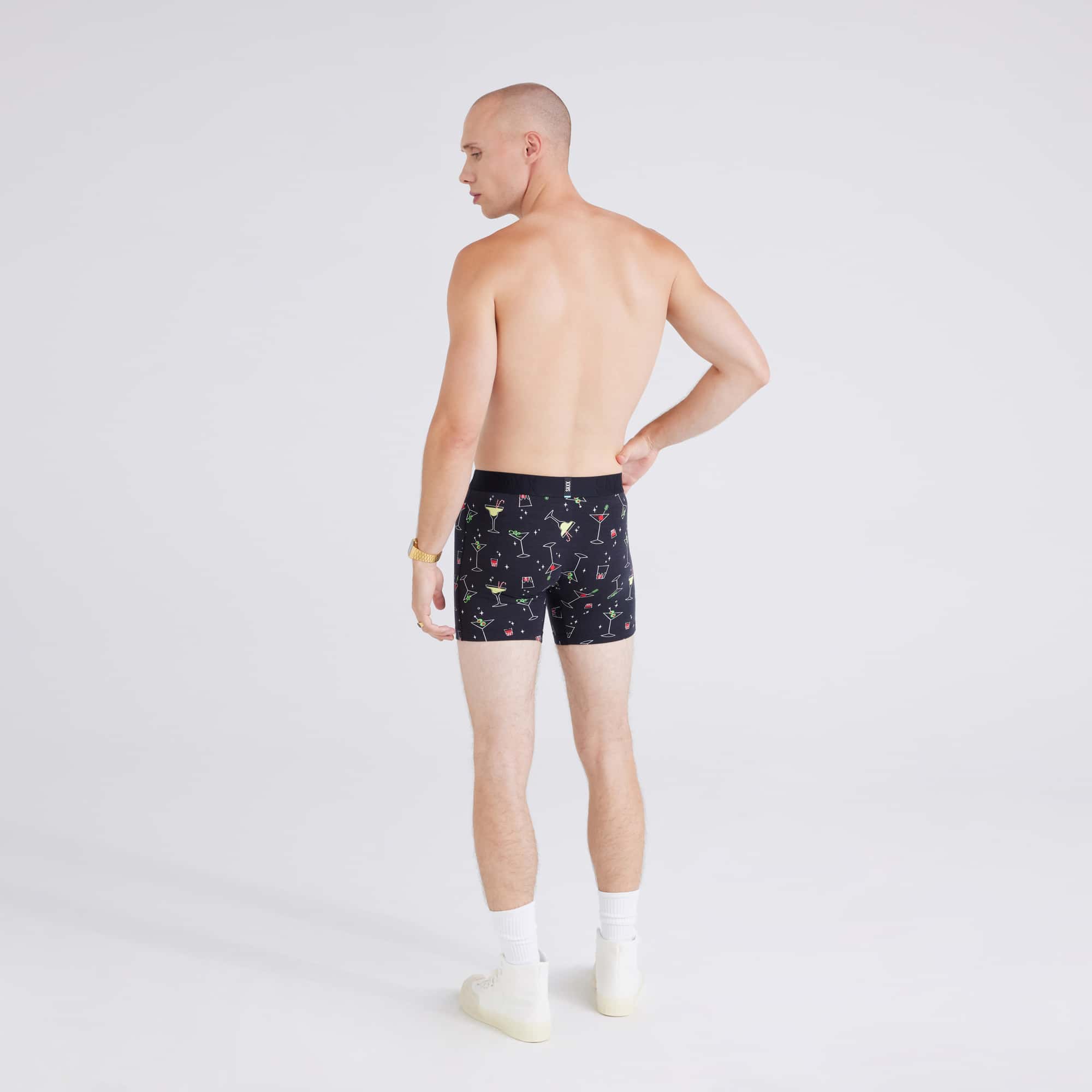 Back - Model wearing Droptemp® Cooling Cotton Boxer Brief in Atomic Happy Hour-Black