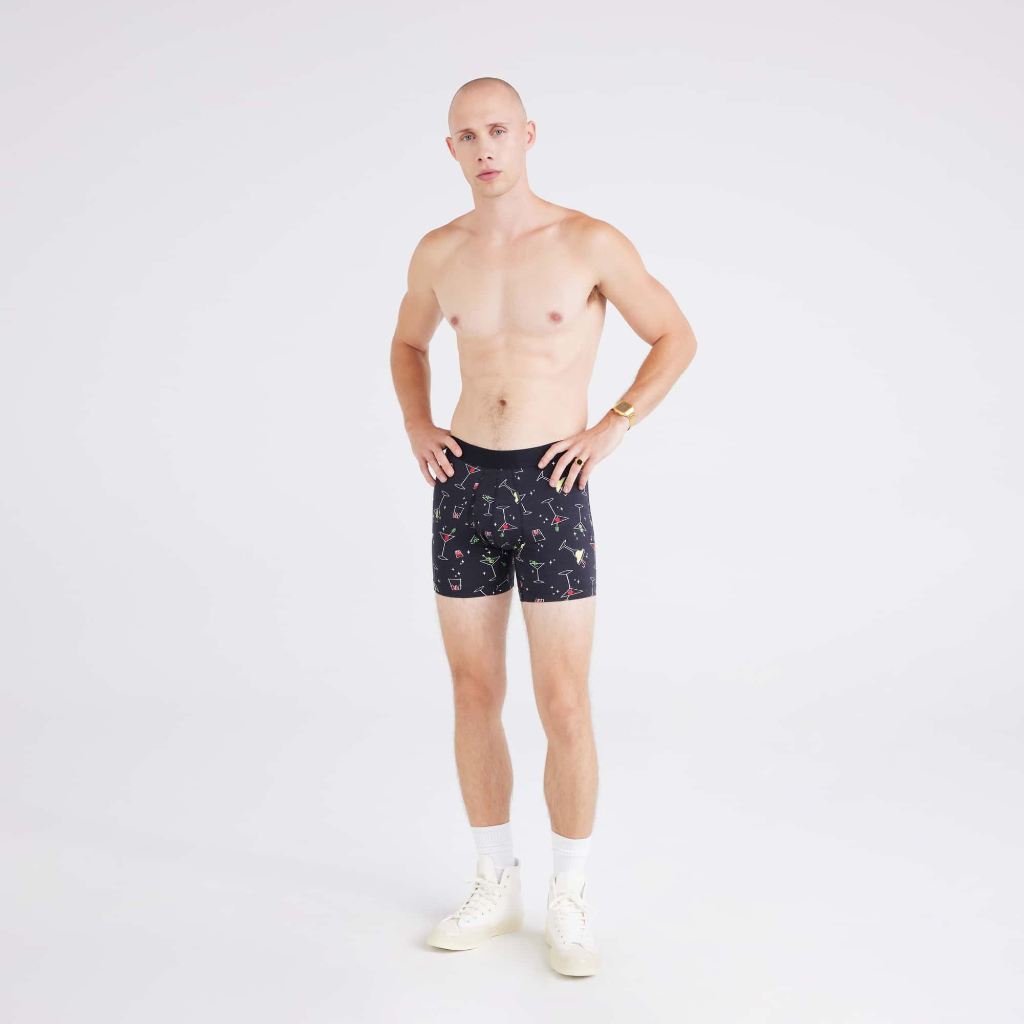 Front - Model wearing  Droptemp® Cooling Cotton Boxer Brief in Atomic Happy Hour-Black