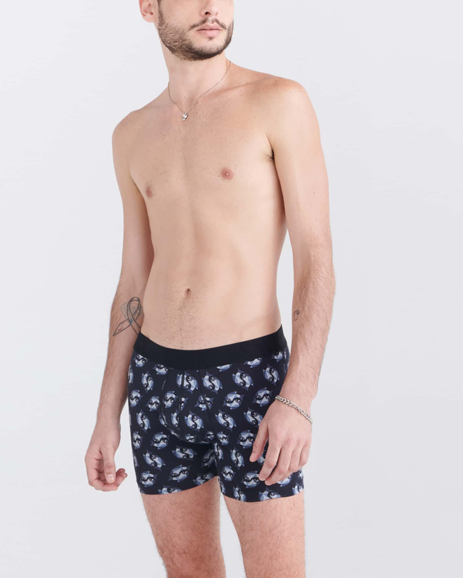 Front - Model wearing Droptemp Cooling Cotton Boxer Brief Fly 2Pk in Angler Wrangler/Dark Grey Heather