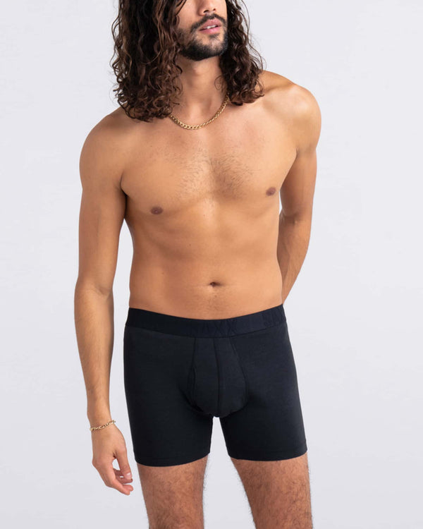 Front - Model wearing Droptemp Cooling Cotton Boxer Brief Fly 3Pk in Black