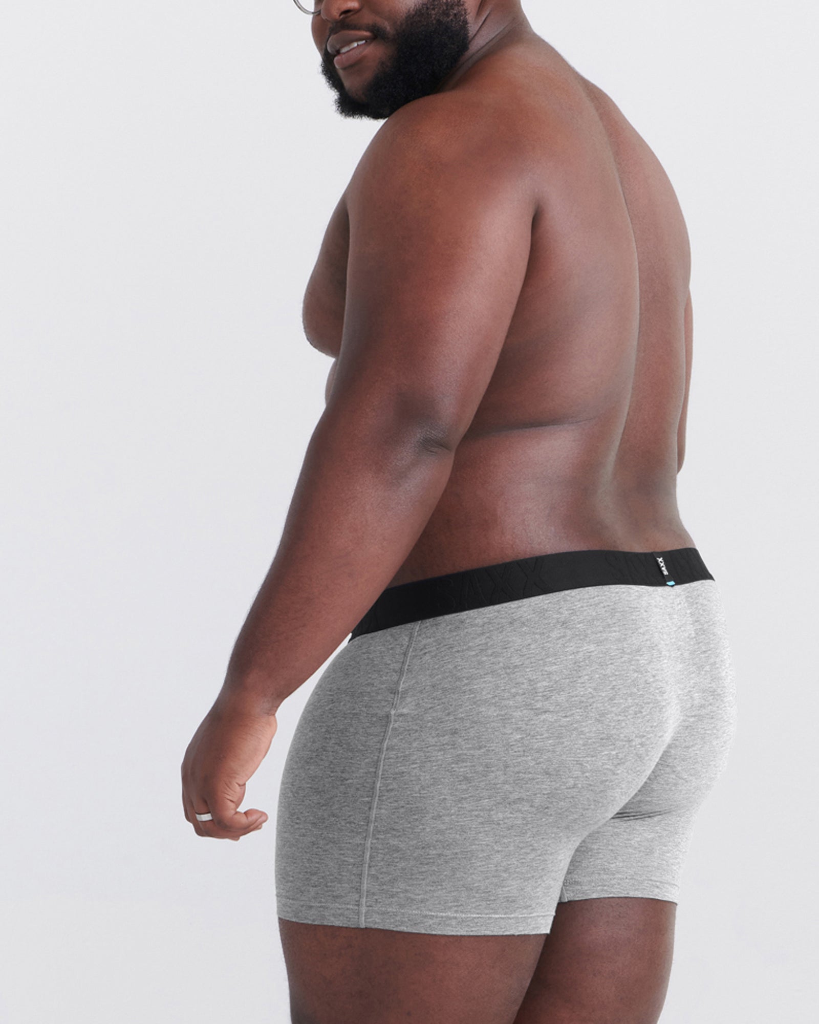 Back - Model wearing Droptemp Cooling Cotton Boxer Brief Fly in Dark Grey Heather