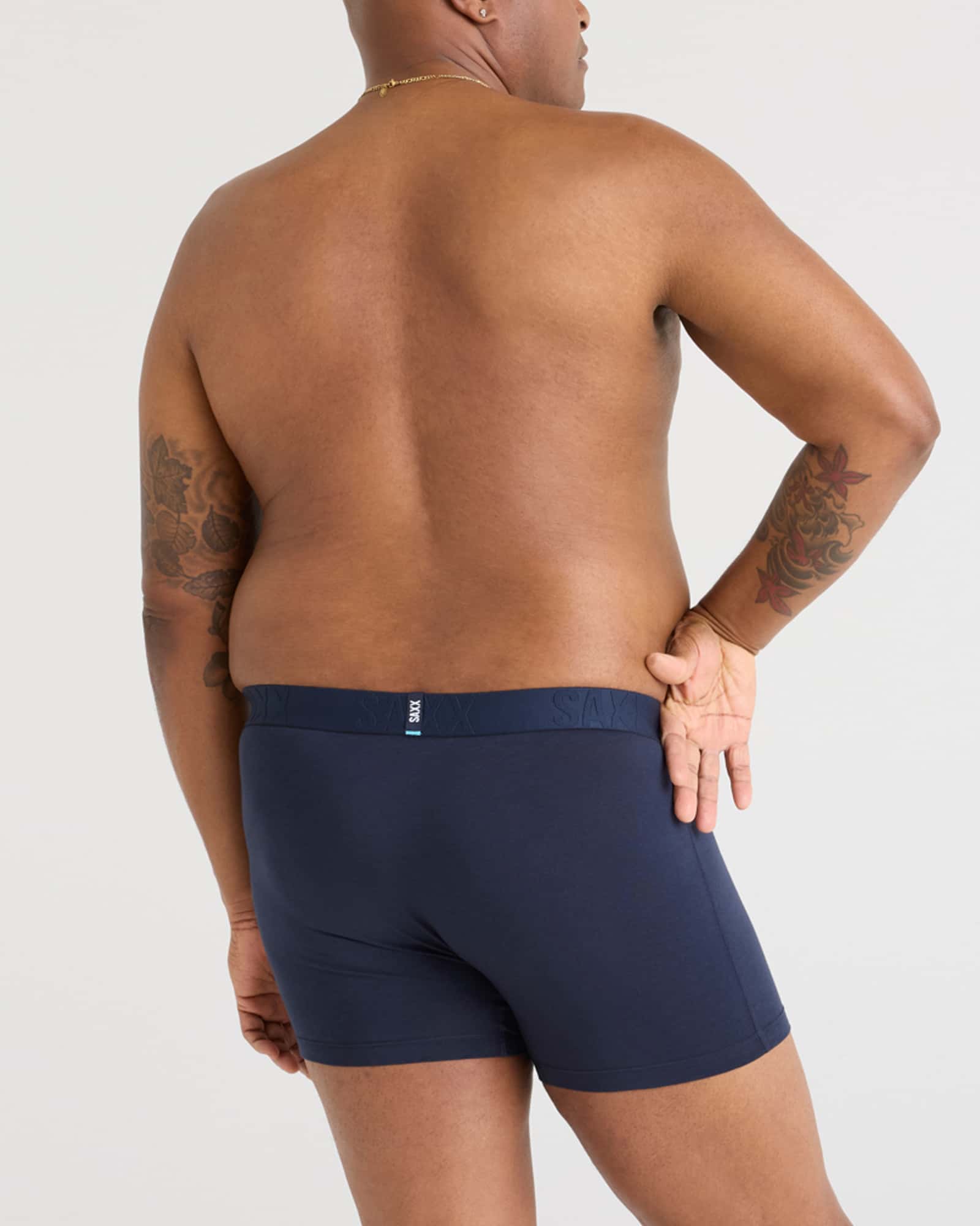 Back - Model wearing Droptemp Cooling Cotton Boxer Brief Fly in Dark Ink