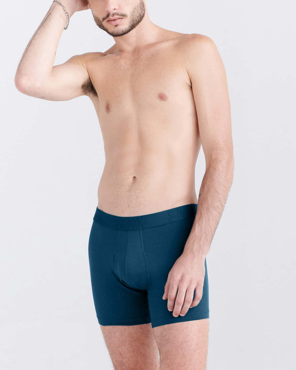 Front - Model wearing Droptemp Cooling Cotton Boxer Brief Fly in Deep Ocean