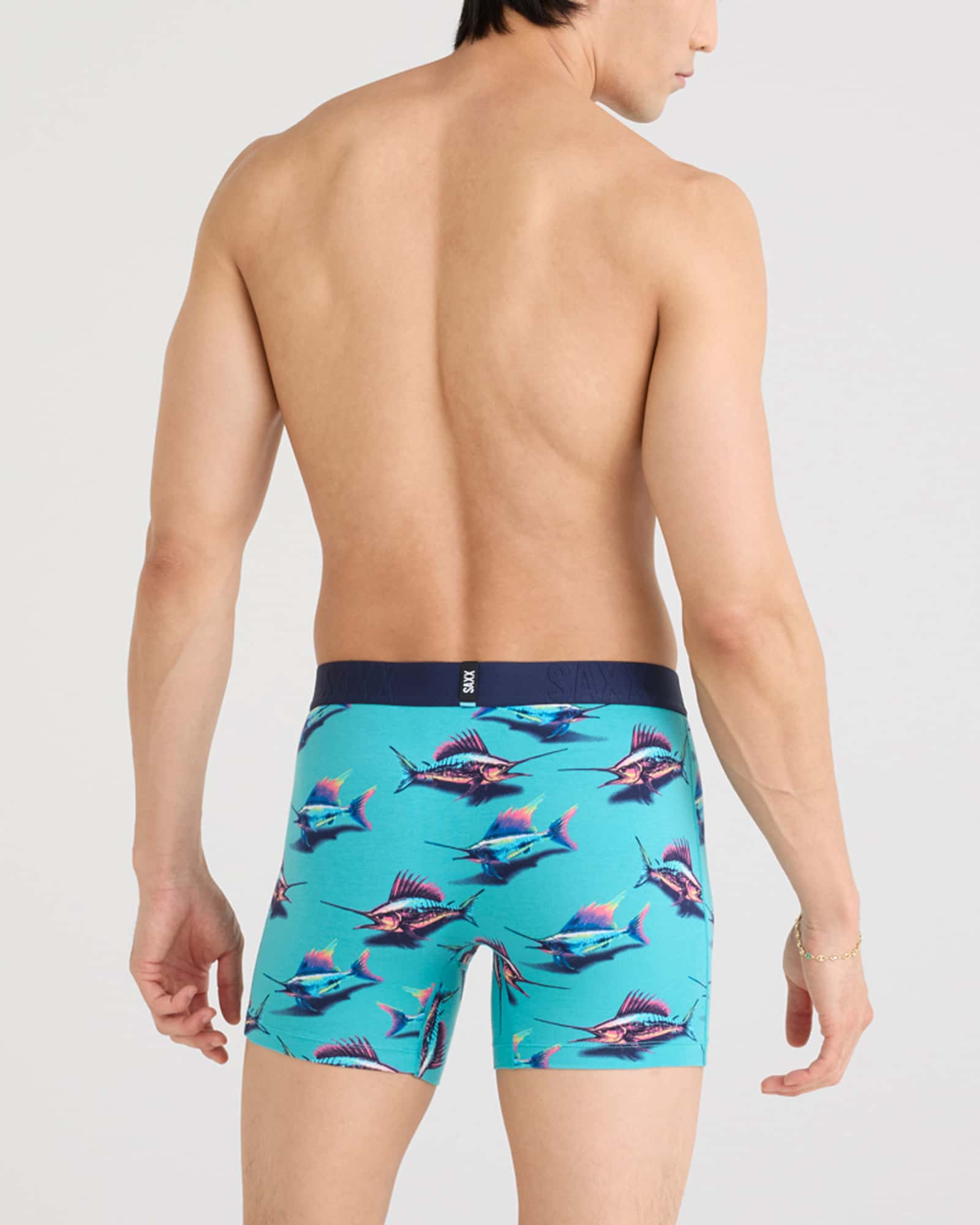 Back - Model wearing Droptemp Cooling Cotton Boxer Brief Fly in Great Catch-Baltic