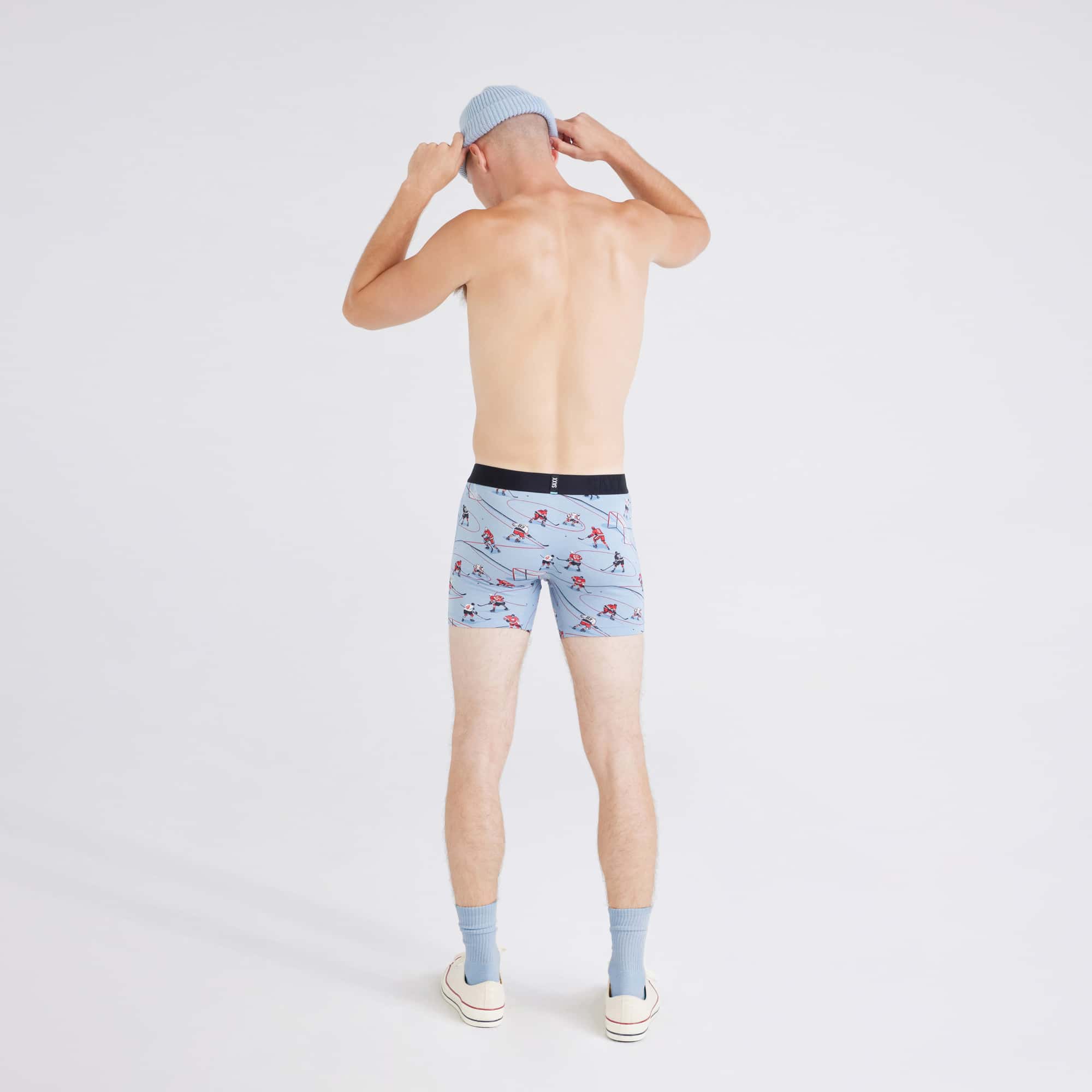 Back - Model wearing Droptemp® Cooling Cotton Boxer Brief in Hockey Heroes-Dusty Blue