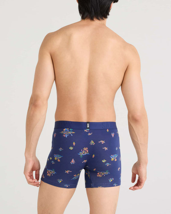 Back - Model wearing Droptemp Cooling Cotton Boxer Brief Fly in Island Life-Midnight