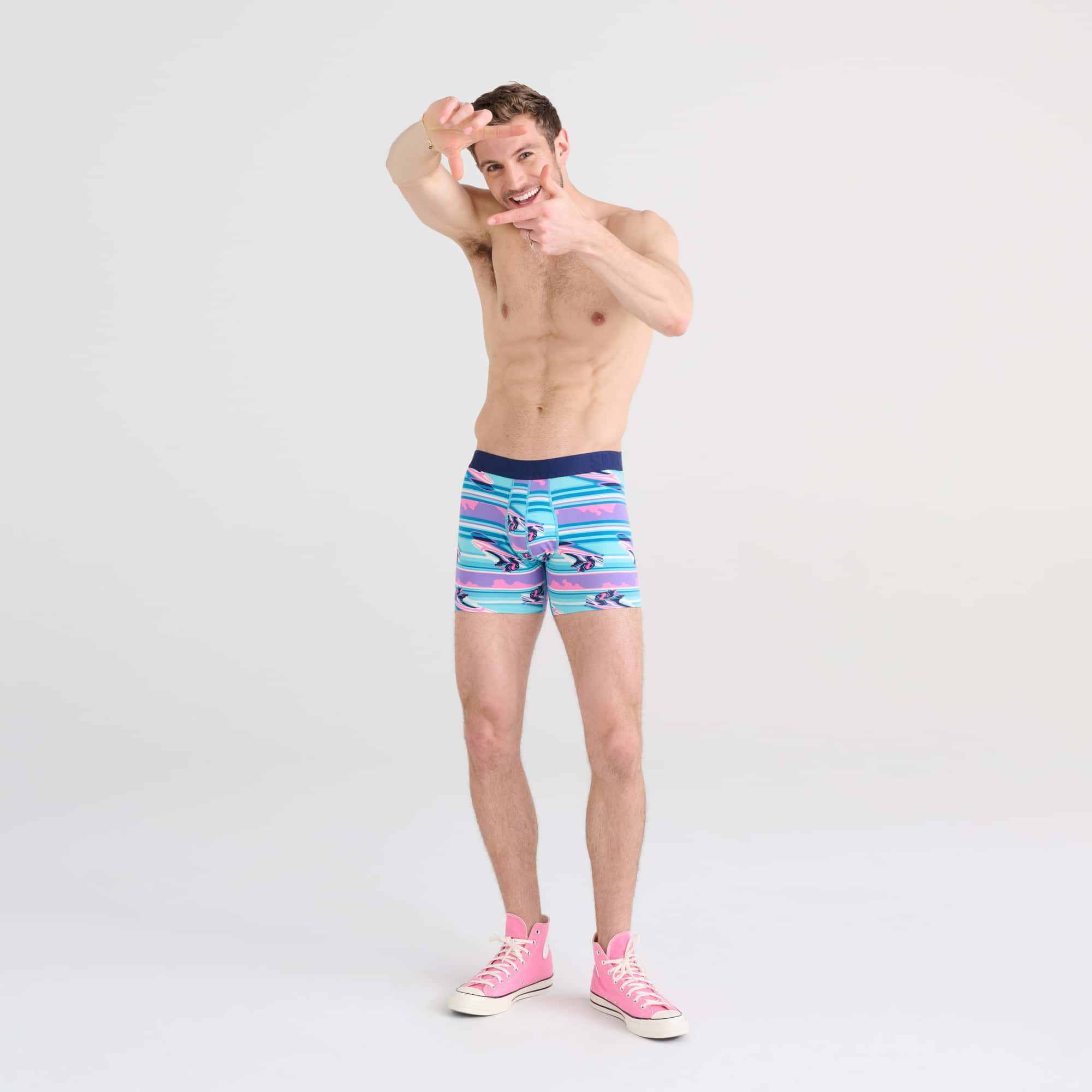 Front - Model wearing DropTemp Cooling Cotton Boxer Brief in Jetski Stripe- Pool