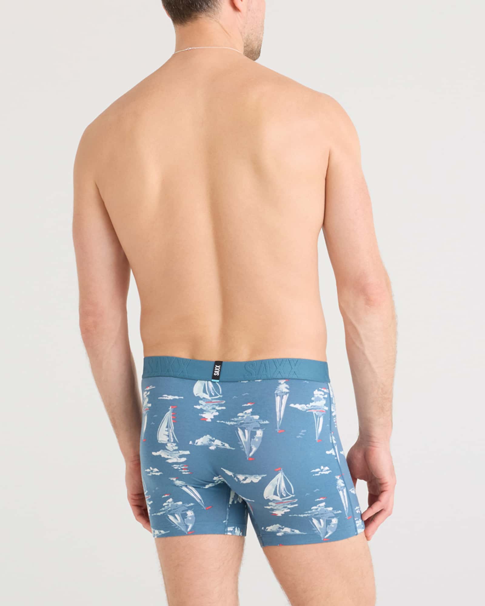 Back - Model wearing Droptemp Cooling Cotton Boxer Brief Fly in Sail Away-Tapestry