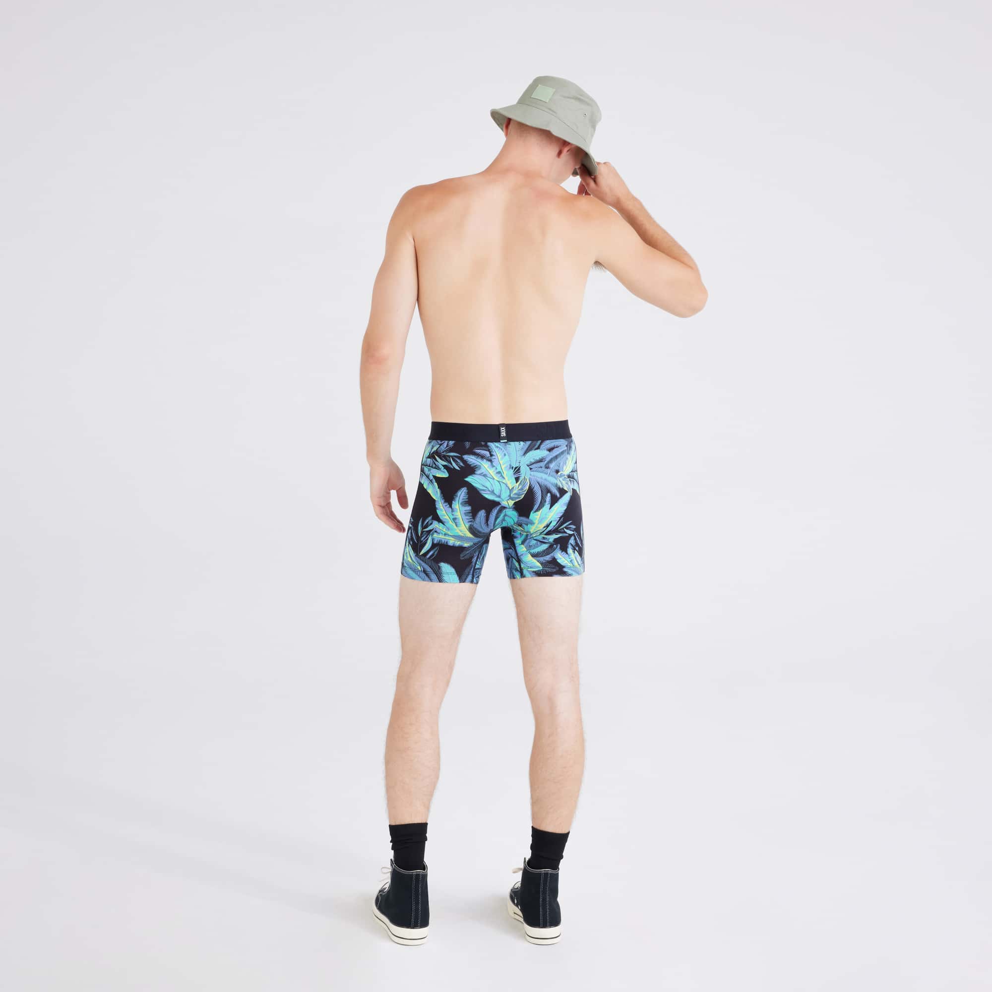 Back - Model wearing Droptemp® Cooling Cotton Boxer Brief in Tropical Jungle-Blue