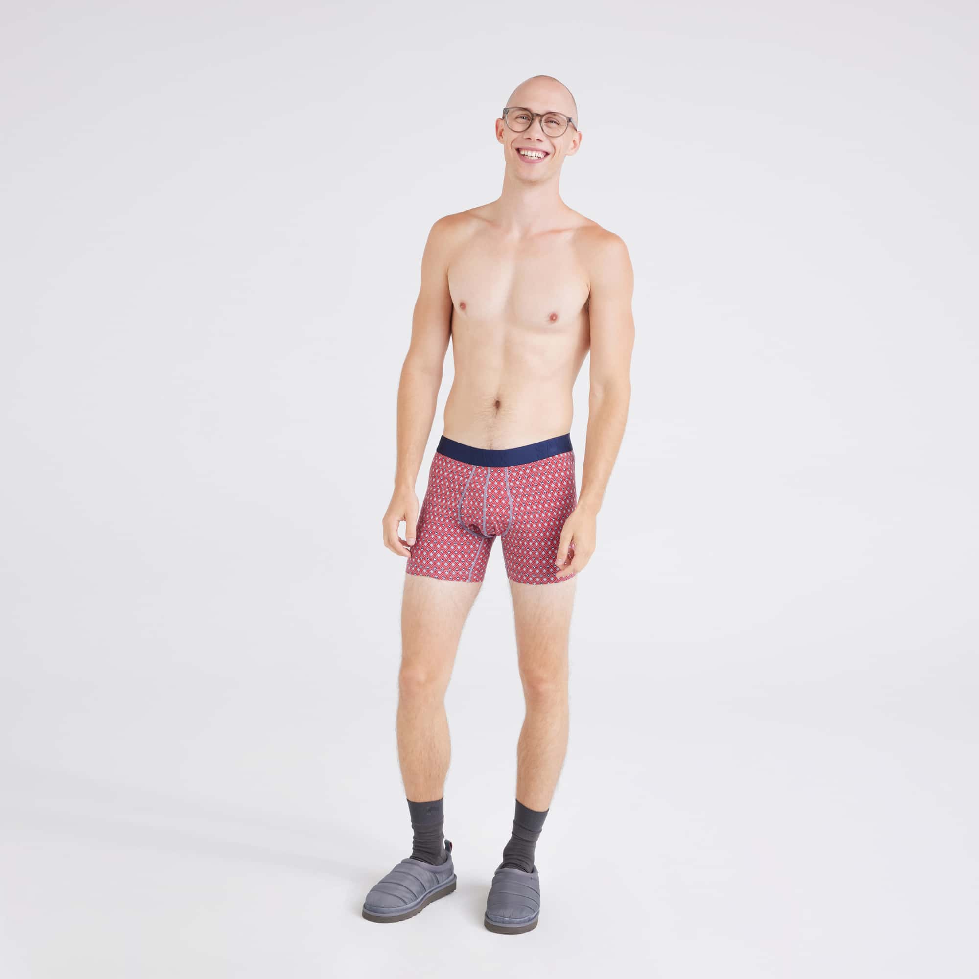 Front - Model wearing  Droptemp® Cooling Cotton Boxer Brief in Vintage Geo-Red