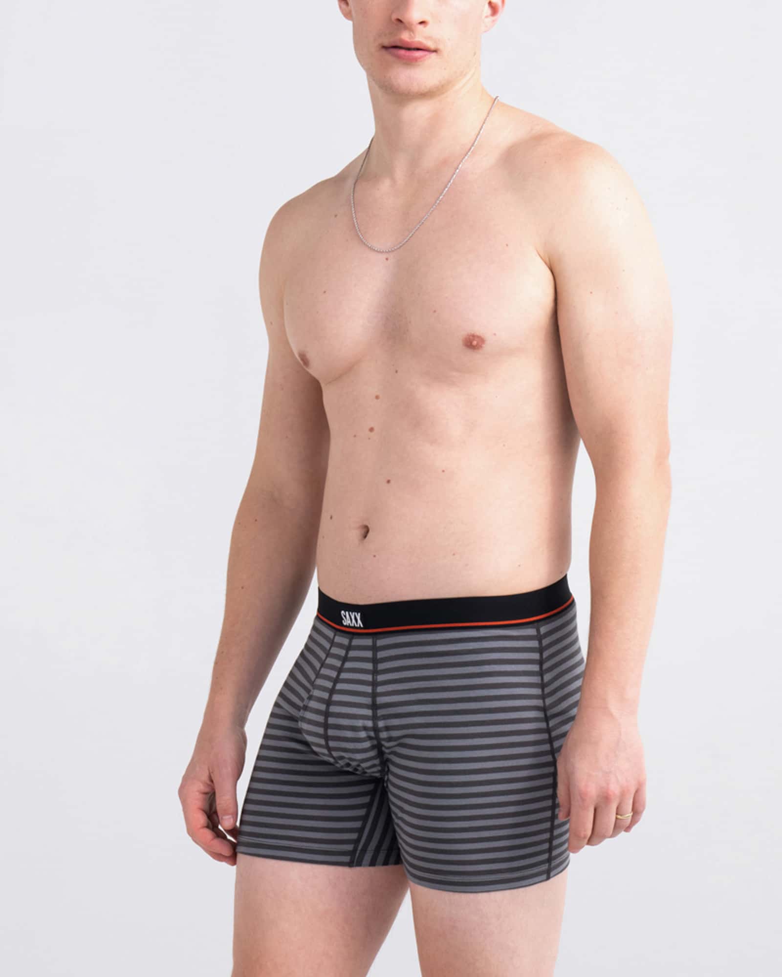 Front - Model wearing Non-Stop Stretch Cotton Boxer Brief Fly in Hiker Stripe- Grey