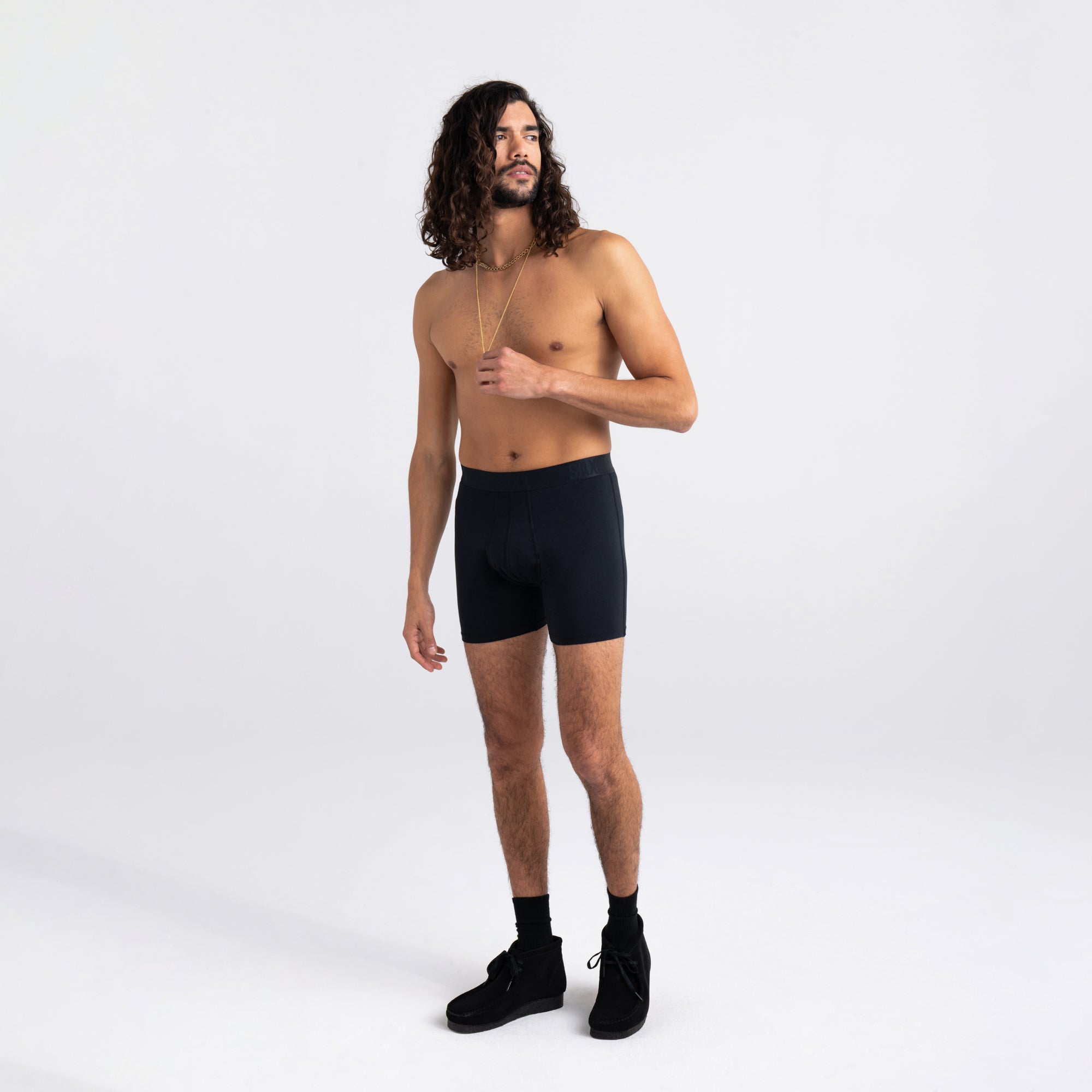 Front - Model wearing 22nd Century Silk Boxer Brief in Black