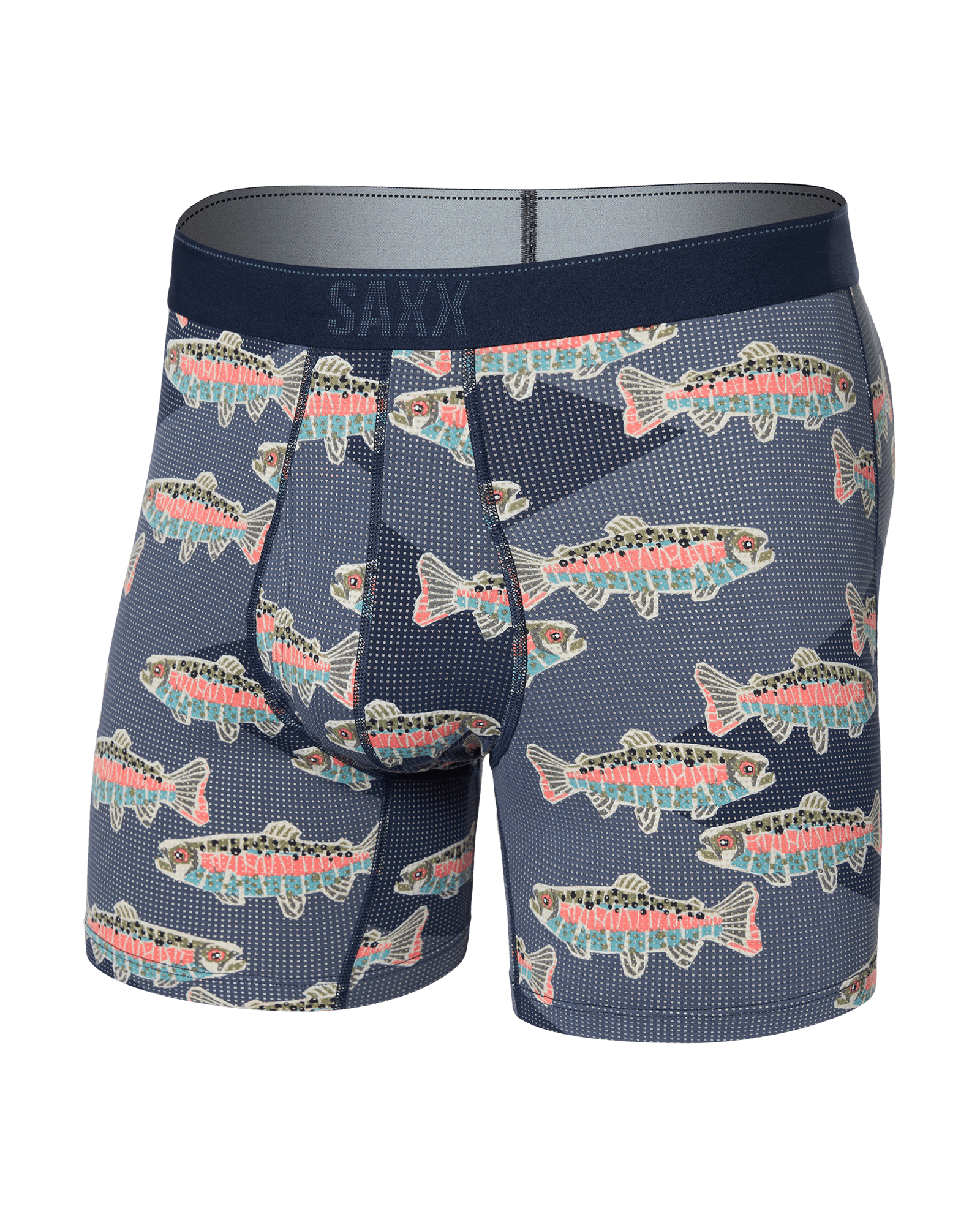 Front of Quest Quick Dry Mesh Baselayer Boxer Brief Fly in Mosaic Trout-Maritime