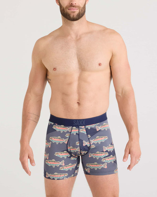 Front - Model wearing Quest Quick Dry Mesh Baselayer Boxer Brief Fly in Mosaic Trout-Maritime