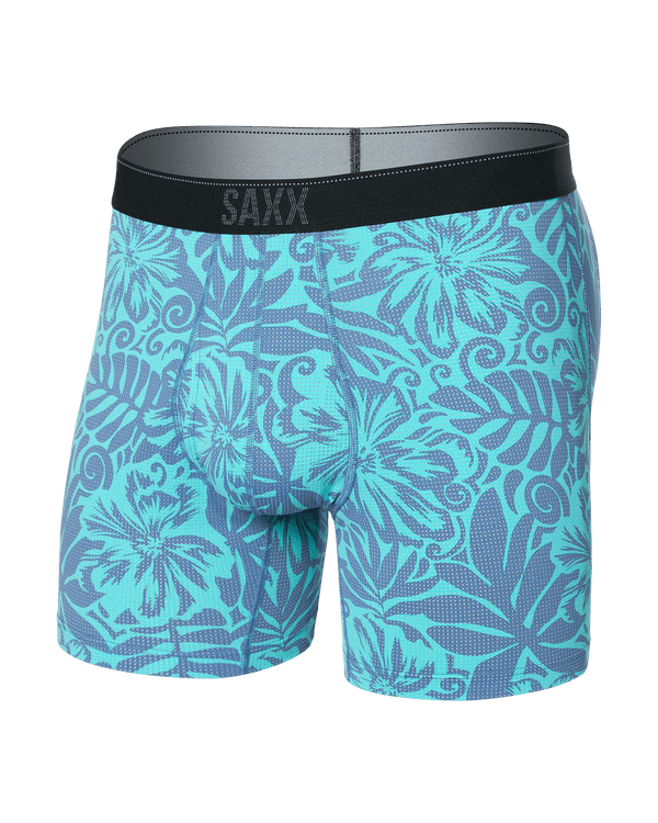 Front of Quest Quick Dry Mesh Baselayer Boxer Brief Fly in Surf Flowers-Turquoise