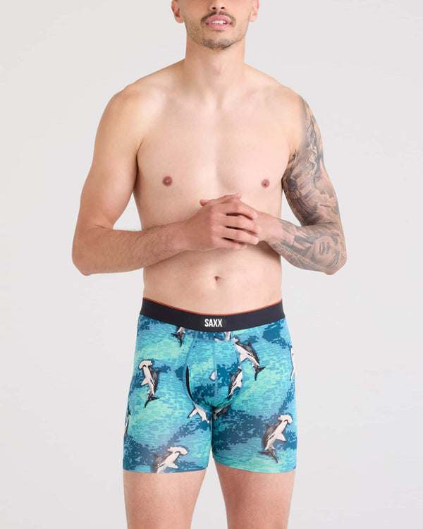 Front - Model wearing Multi-Sport Mesh Boxer Brief Fly in Hammerhead Camo-Aqua