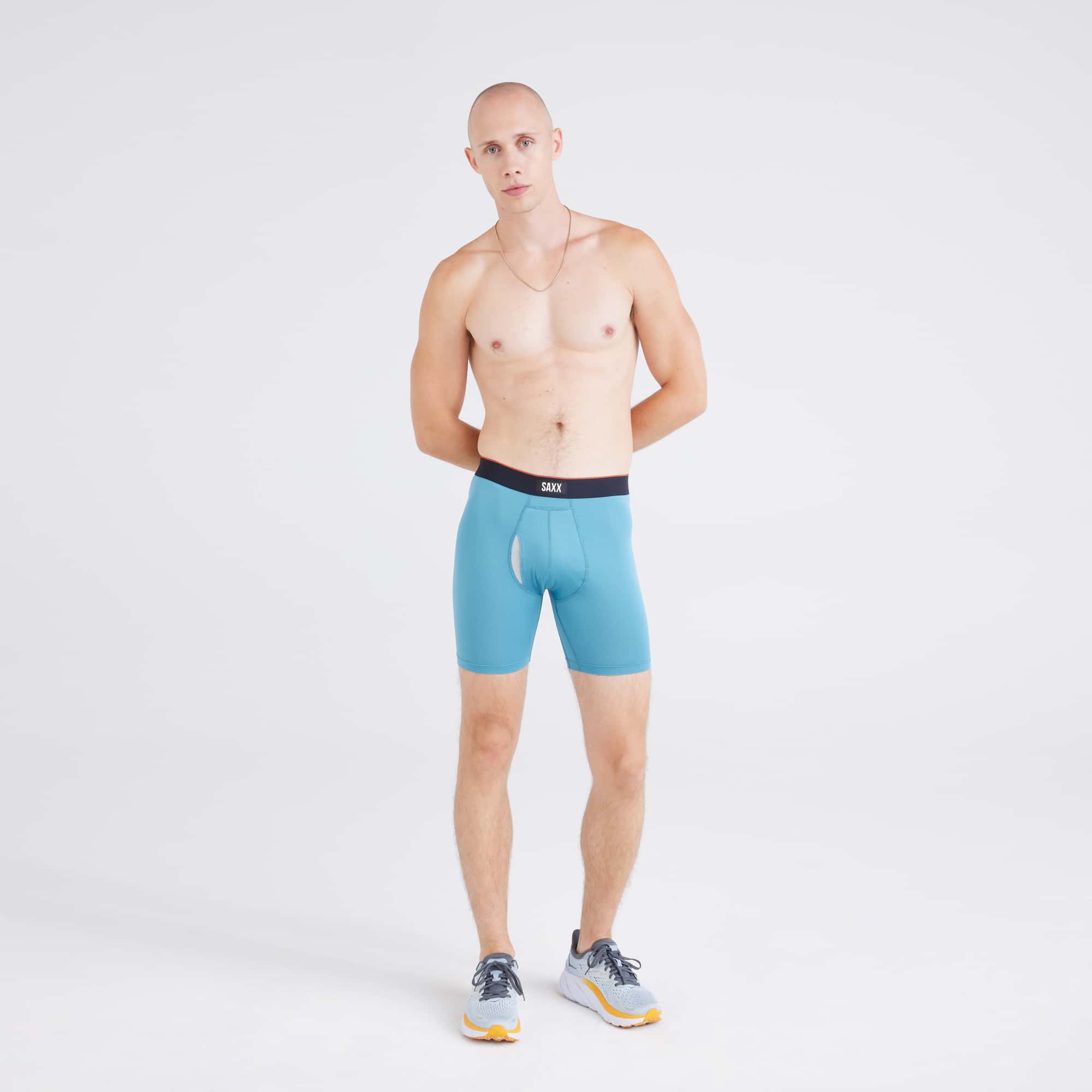 Front - Model wearing  Multi-Sport Mesh Boxer Brief in Hydro Blue