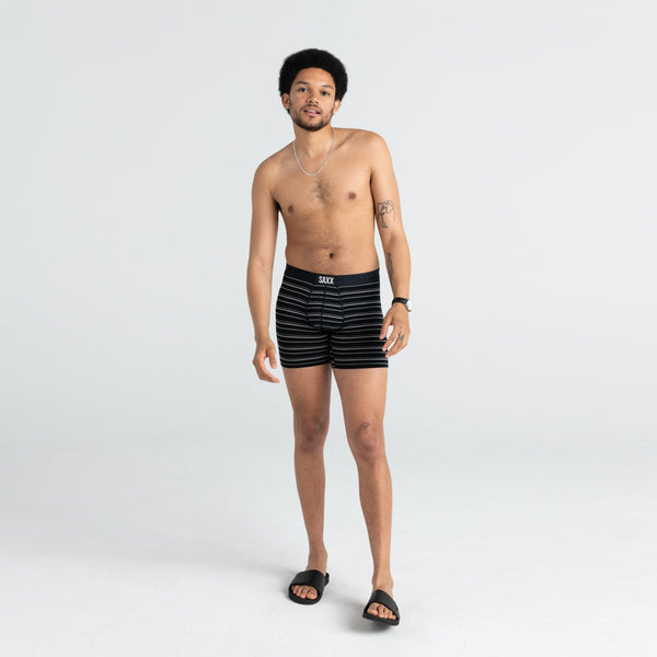 Front - Model wearing Vibe Boxer Brief in Black Coast Stripe