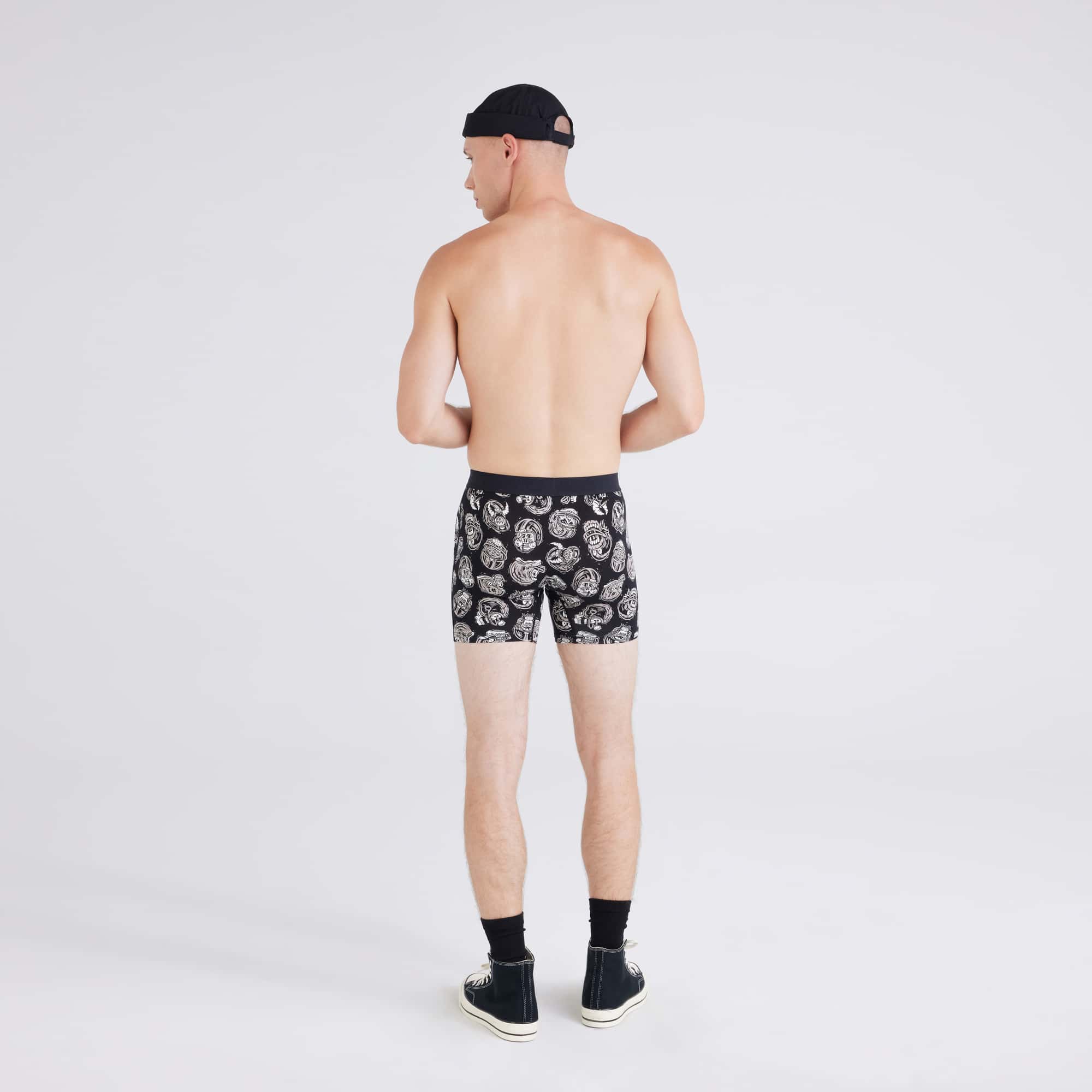 Back - Model wearing Vibe Super Soft Boxer Brief in Brain Bucket-Black