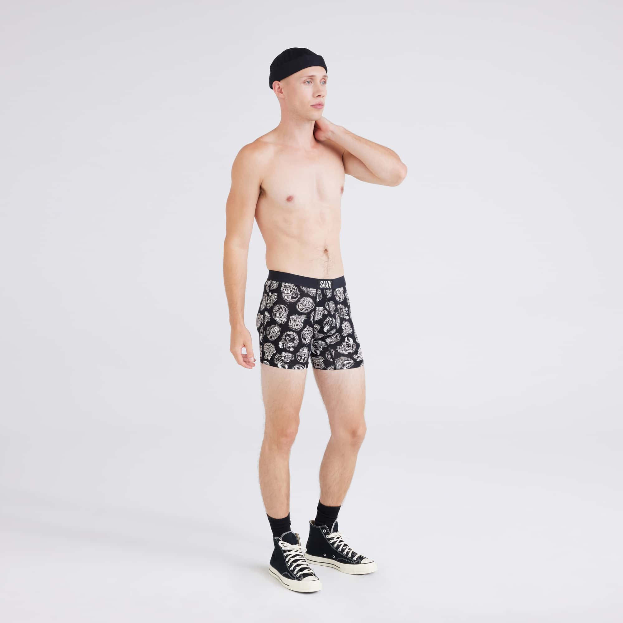Front - Model wearing  Vibe Super Soft Boxer Brief in Brain Bucket-Black