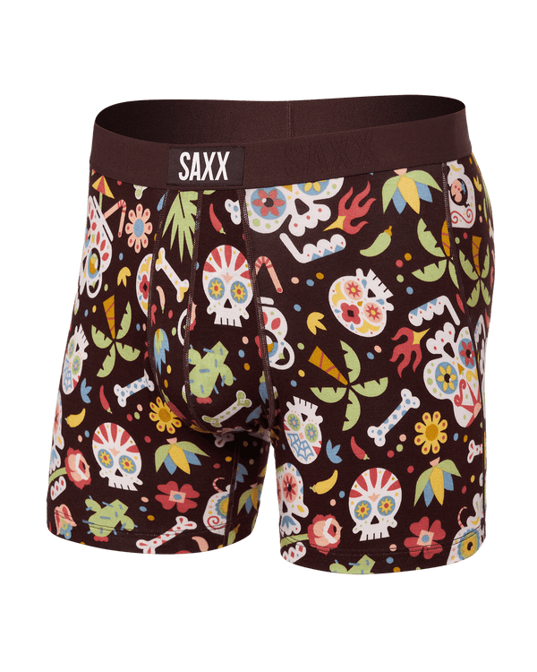 Front of Vibe Super Soft Boxer Brief in Dia De Los Muertos-Fudge