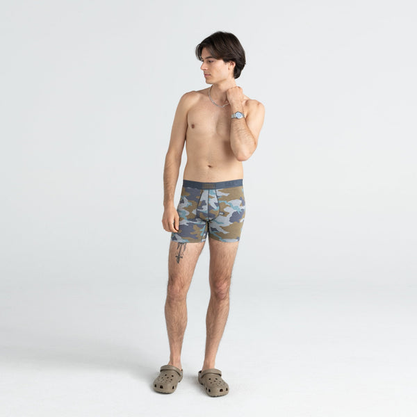 Front - Model wearing Vibe Boxer Brief in Graphite Stencil Camo