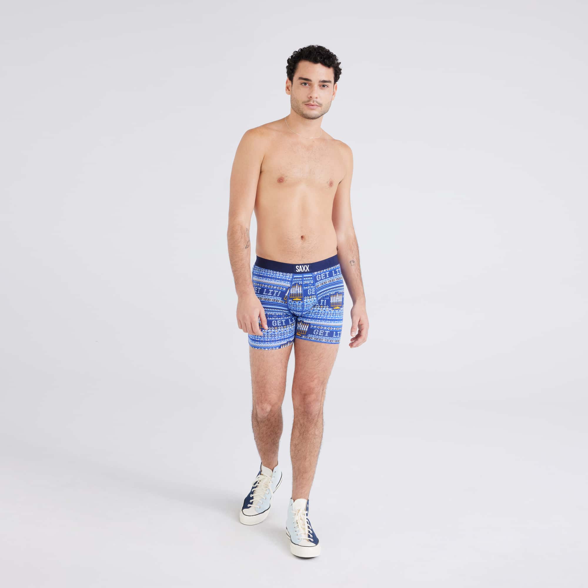 Front - Model wearing  Vibe Super Soft Boxer Brief in Hannukah Sweater-Navy