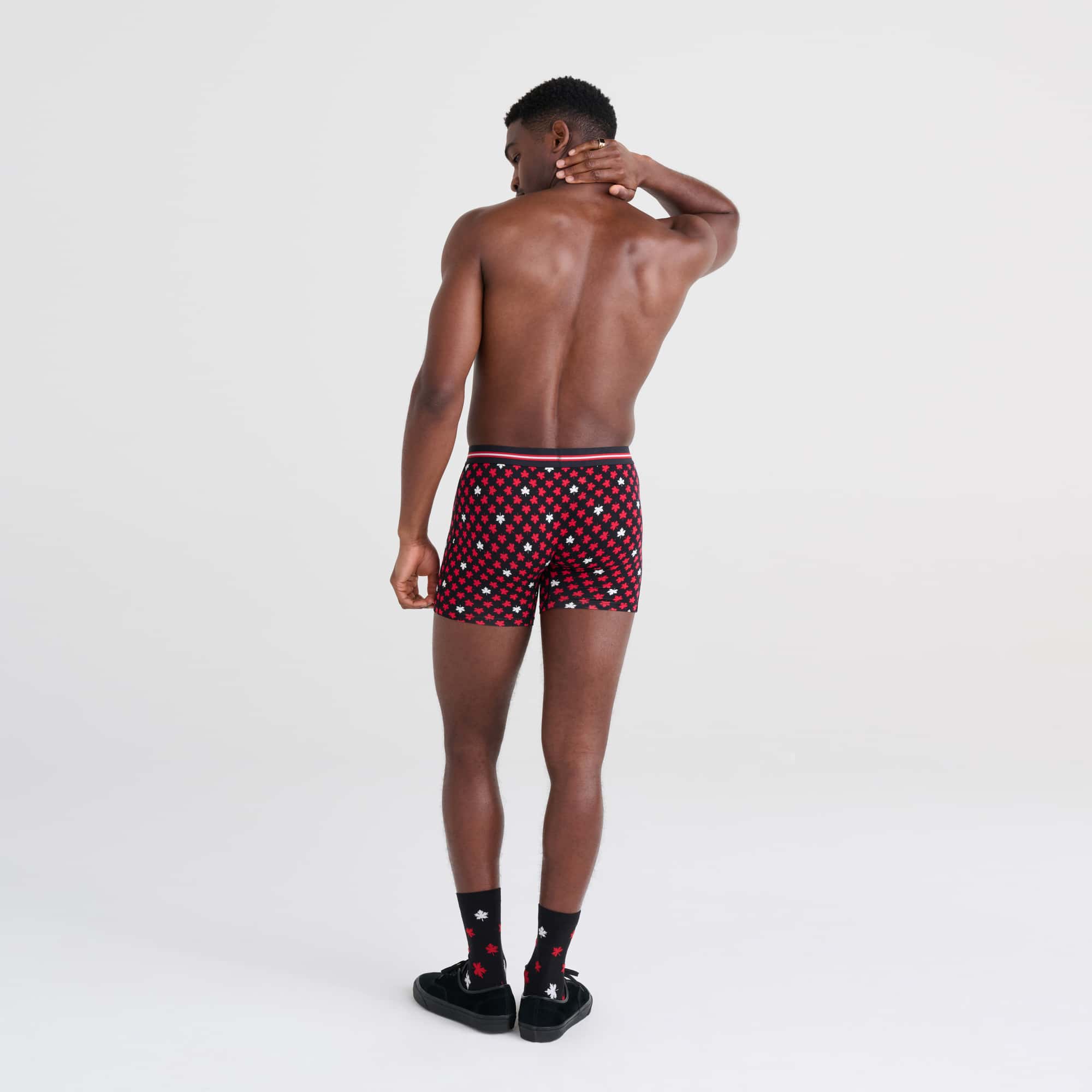 Back - Model wearing Vibe Boxer Brief in Maple Leaf- Black