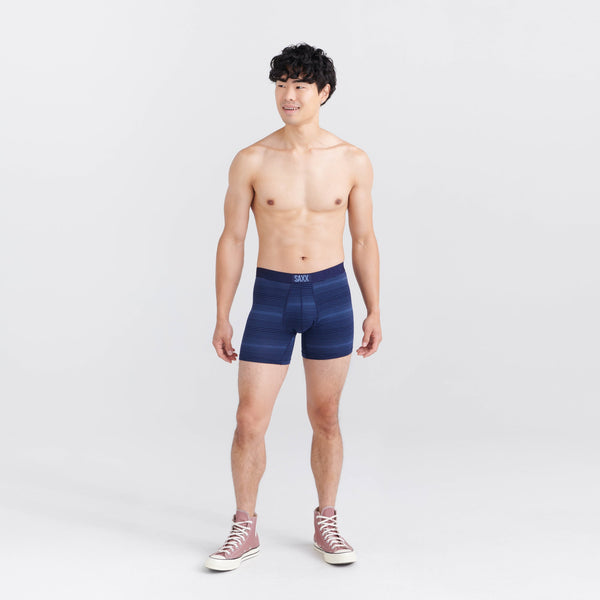 Front - Model wearing Vibe Super Soft Boxer Brief in Variegated Stripe- Maritme