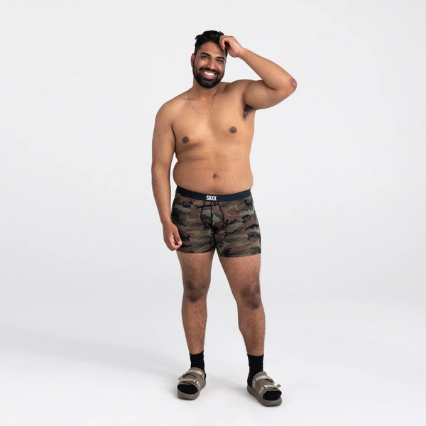 Front - Model wearing Vibe Boxer Brief in Woodland Camo