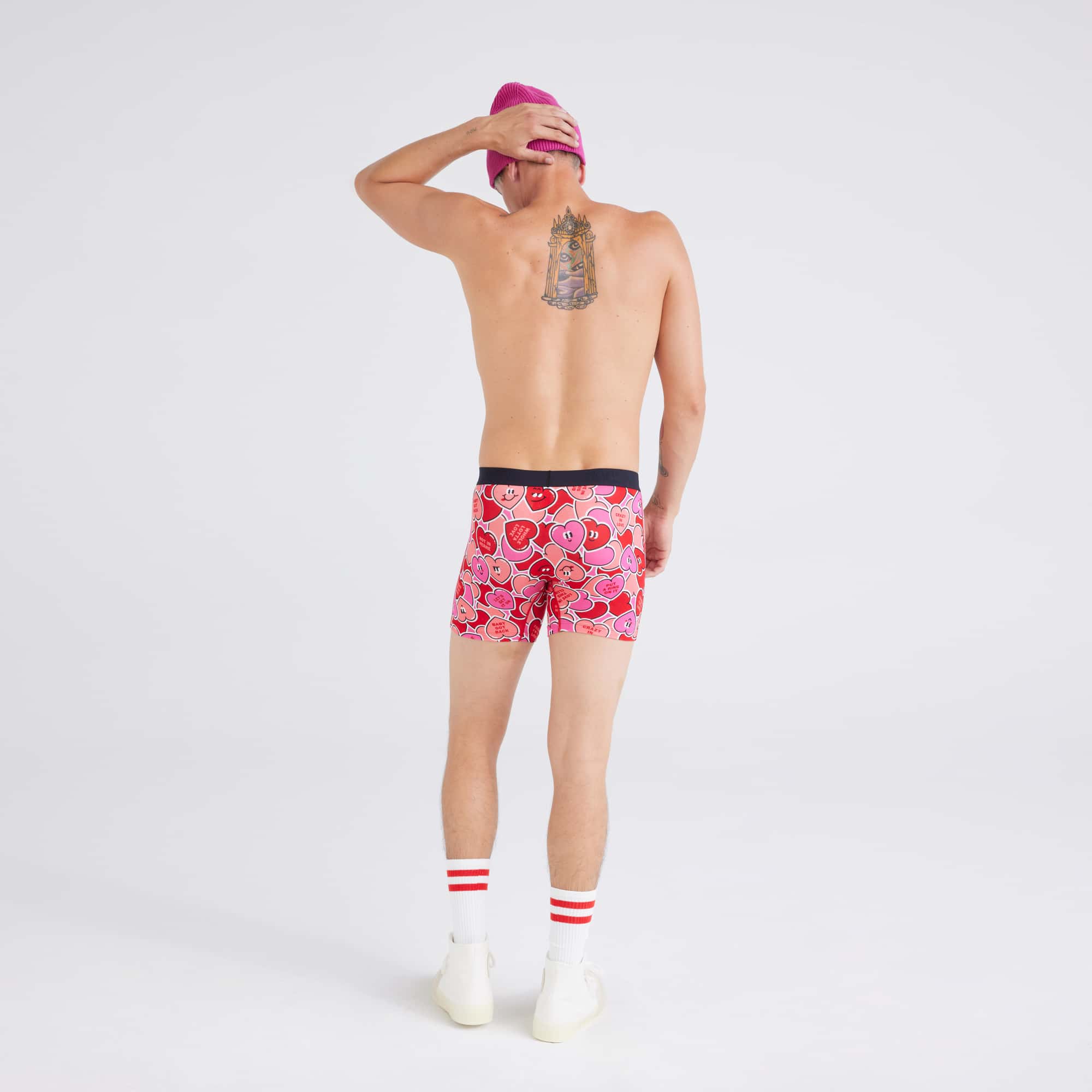 Back - Model wearing Vibe Super Soft Boxer Brief in Whole Lotta Love-Red