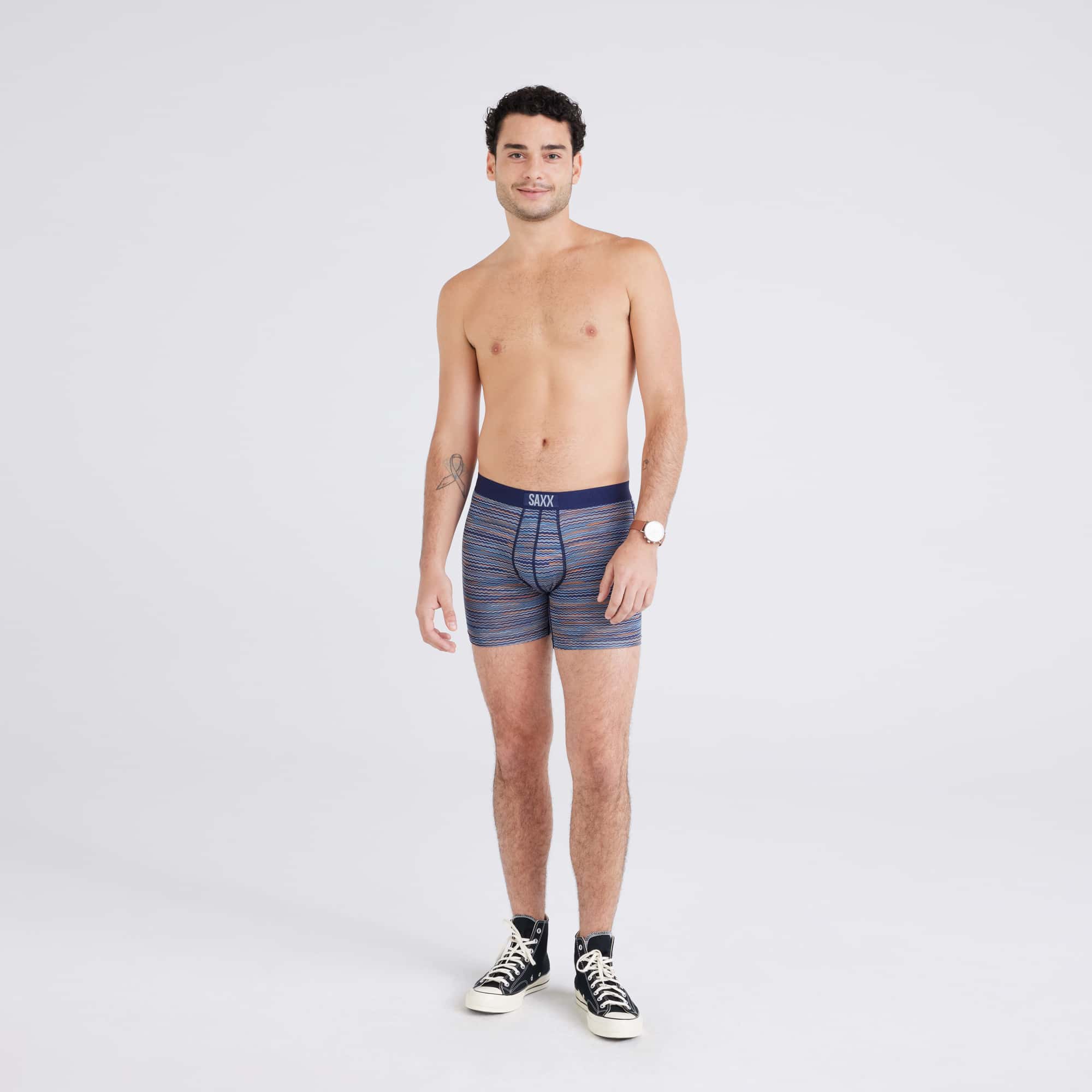 Front - Model wearing  Vibe Super Soft Boxer Brief in Wavelength Spacedye-Maritime