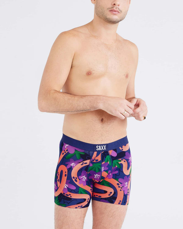 Front - Model wearing Vibe Super Soft Boxer Brief in Year Of The Snake-Blue