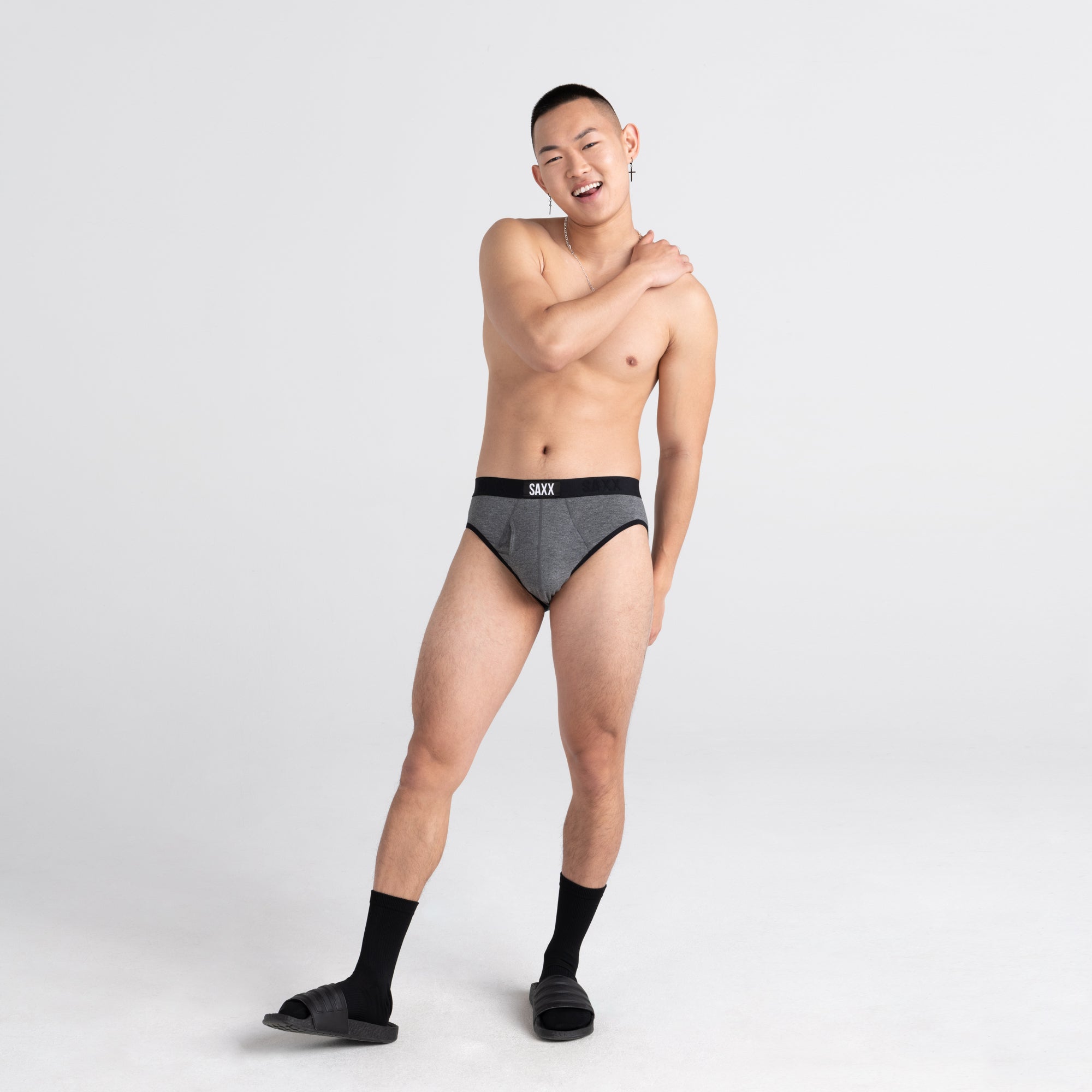 Front - Model wearing Ultra Brief Fly in Salt & Pepper