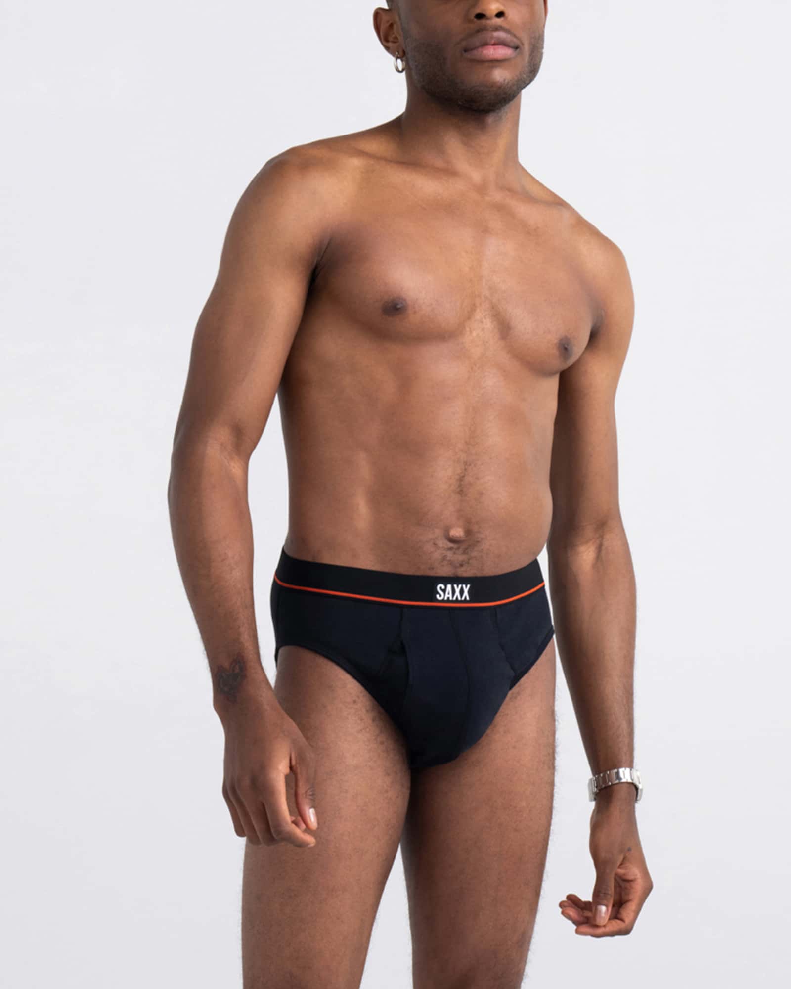 Front - Model wearing Non-Stop Stretch Cotton Brief Fly 3Pk in Black/Deep Navy/White