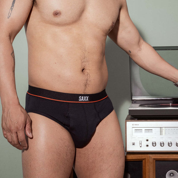 Model posing in Non-Stop Stretch Cotton Brief in Black