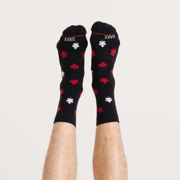 Front - Model wearing Whole Package Crew Sock in Maple Leaf- Black