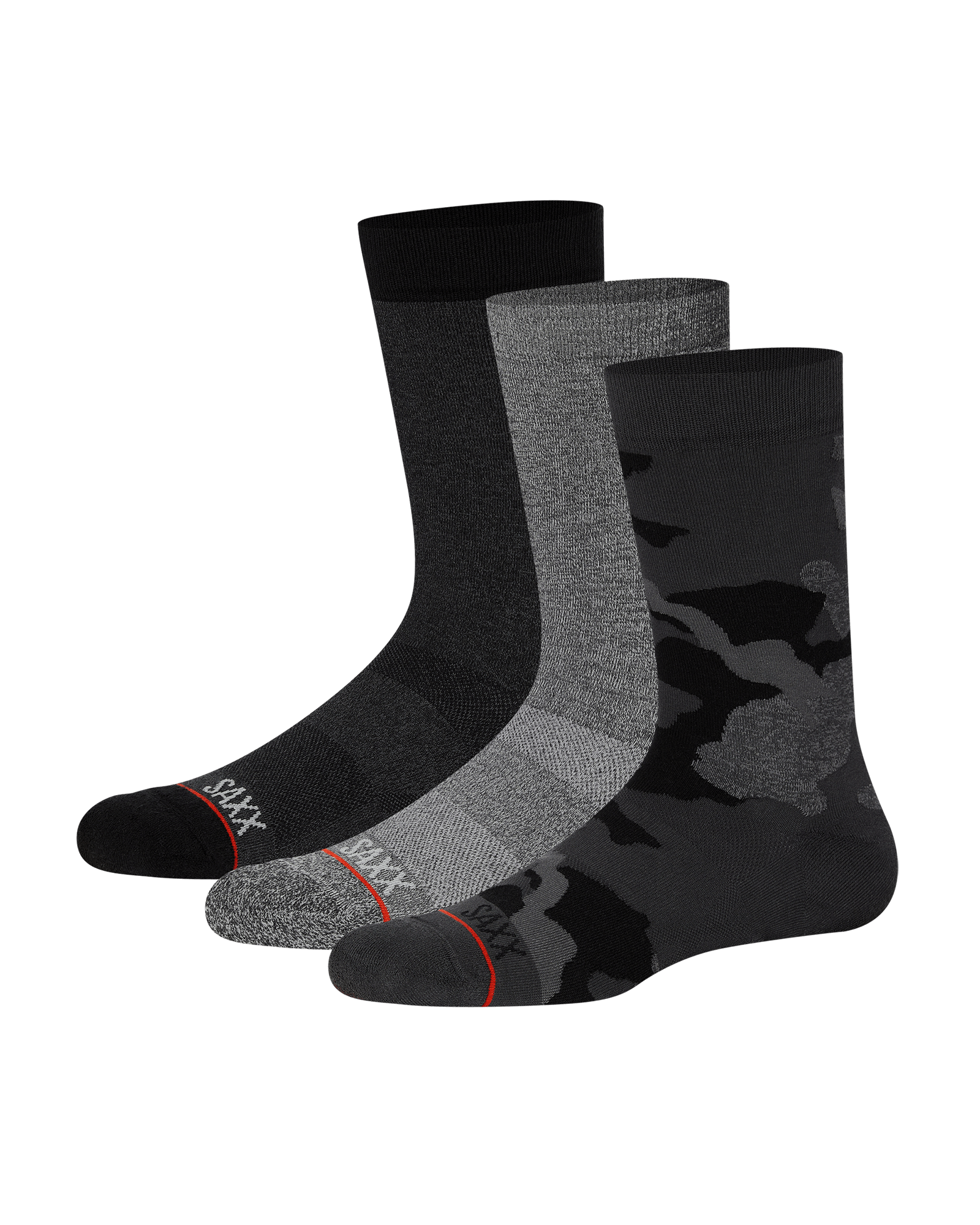 Front of Whole Package Crew Sock in Black/Graphite/Super Camo