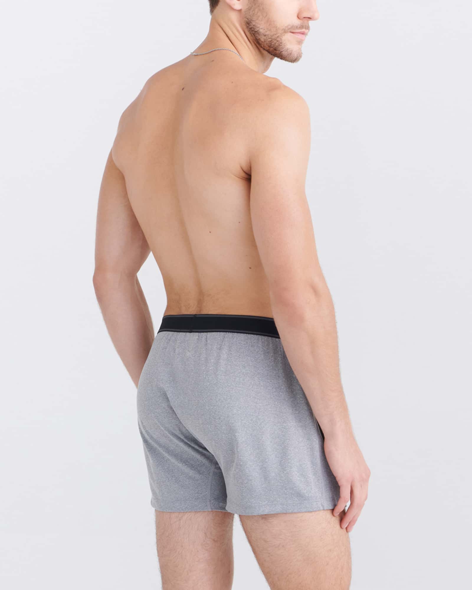 Back - Model wearing Daytripper Boxer Short Fly 3Pk in Black/Navy Heather/Grey Heather