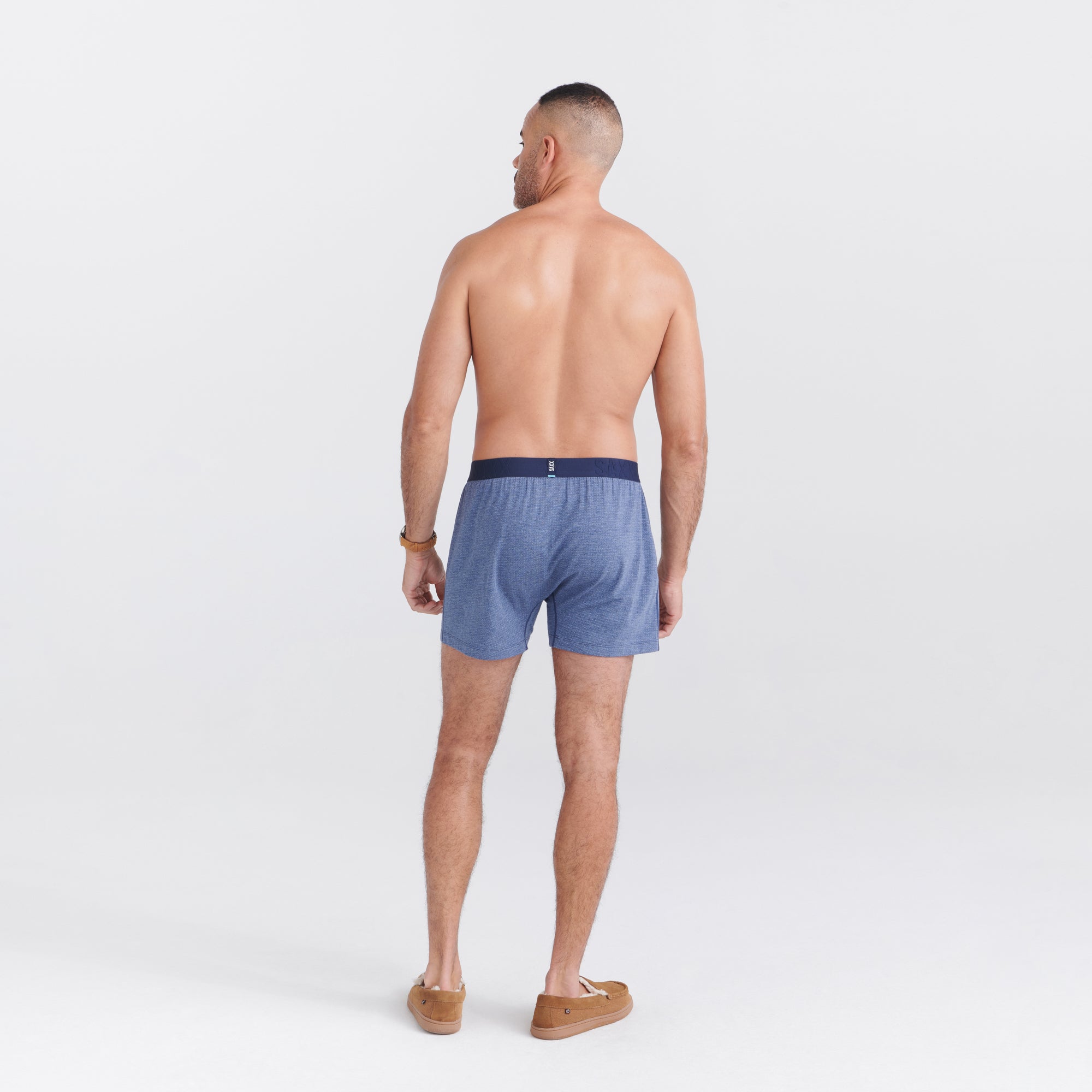 Back - Model wearing Droptemp Cooling Sleep Loose Boxer Fly in Dark Denim Heather