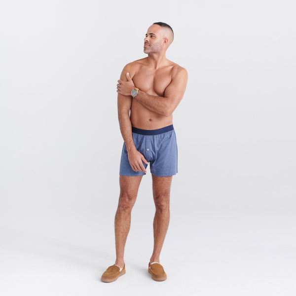 Front - Model wearing Droptemp Cooling Sleep Loose Boxer Fly in Dark Denim Heather