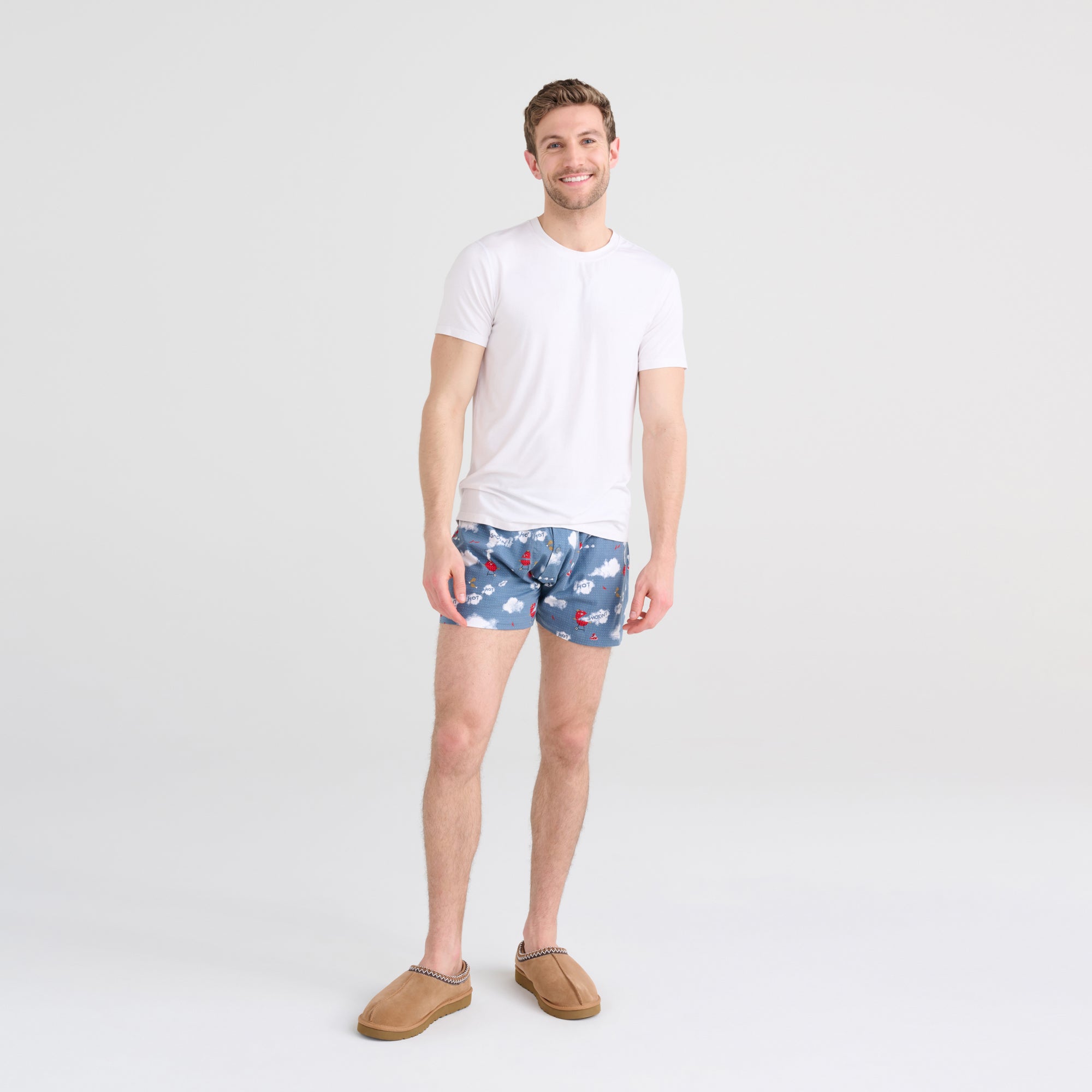 Front - Model wearing DropTemp Cooling Sleep Loose Boxer Brief 3-Pack in Assorted Prints