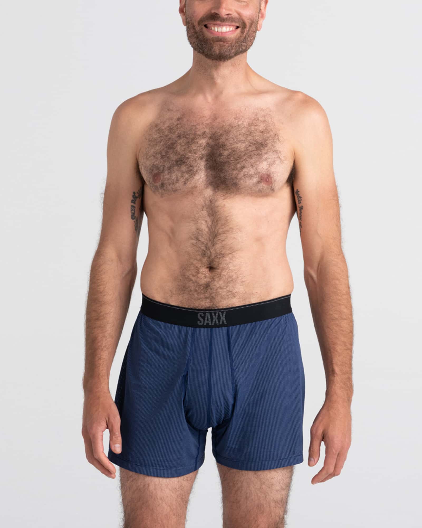 Front - Model wearing Quest Quick Dry Mesh Boxer Short Fly in Midnight Blue