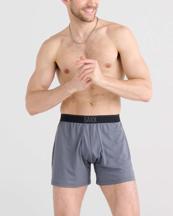 Front - Model wearing Quest Quick Dry Mesh Boxer Short Fly in Turbulence