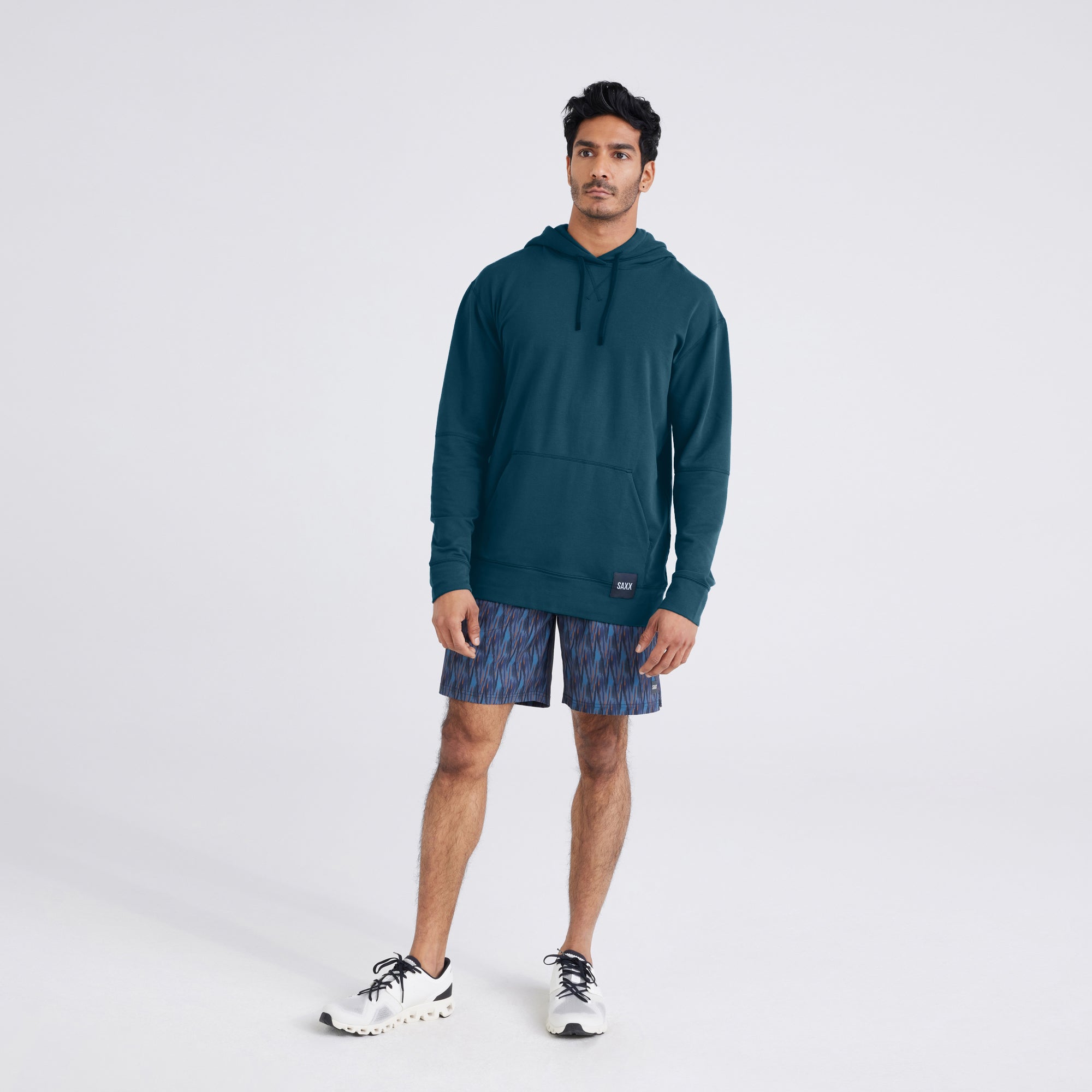 Front - Model wearing  3Six Five Lounge Hoodie in Storm and Multi-Sport 2N1 Short Regular in Brushed Ikat-Turbulence