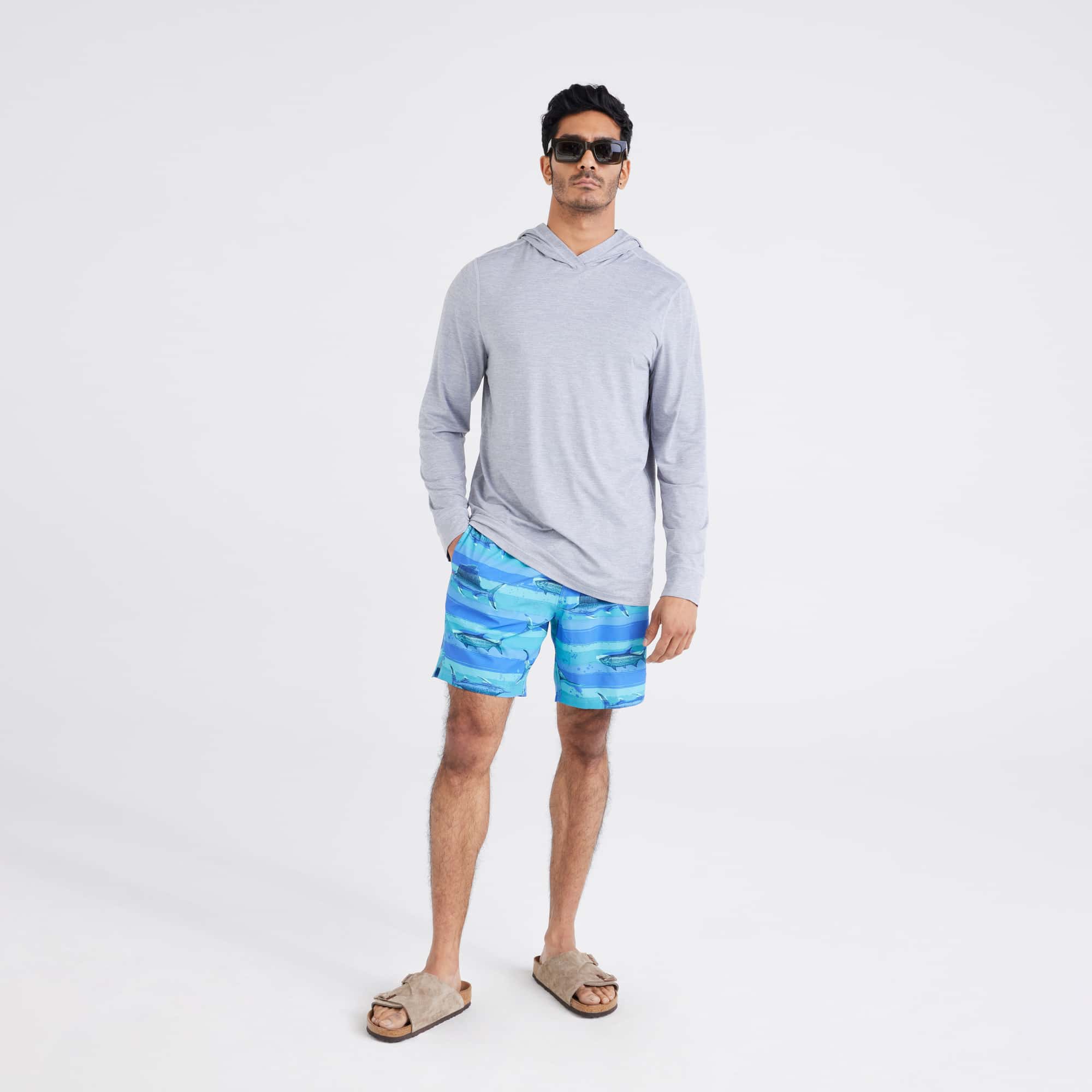 Front - Model wearing  Oh Buoy 2N1 Swim Short Regular in Fish On-Blue Moon