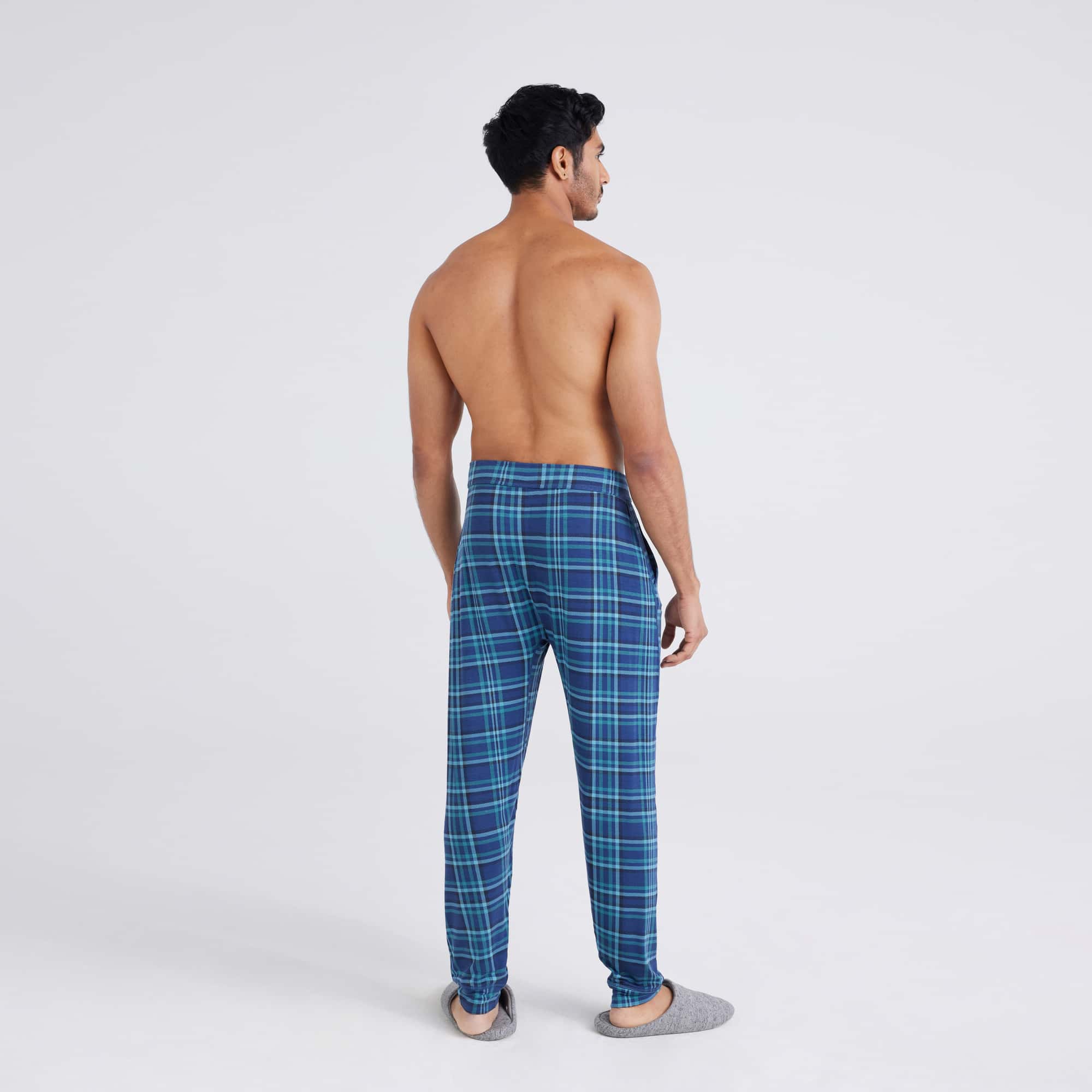 Back - Model wearing Snooze Sleep Pant in Flannel Plaid-Dark Denim