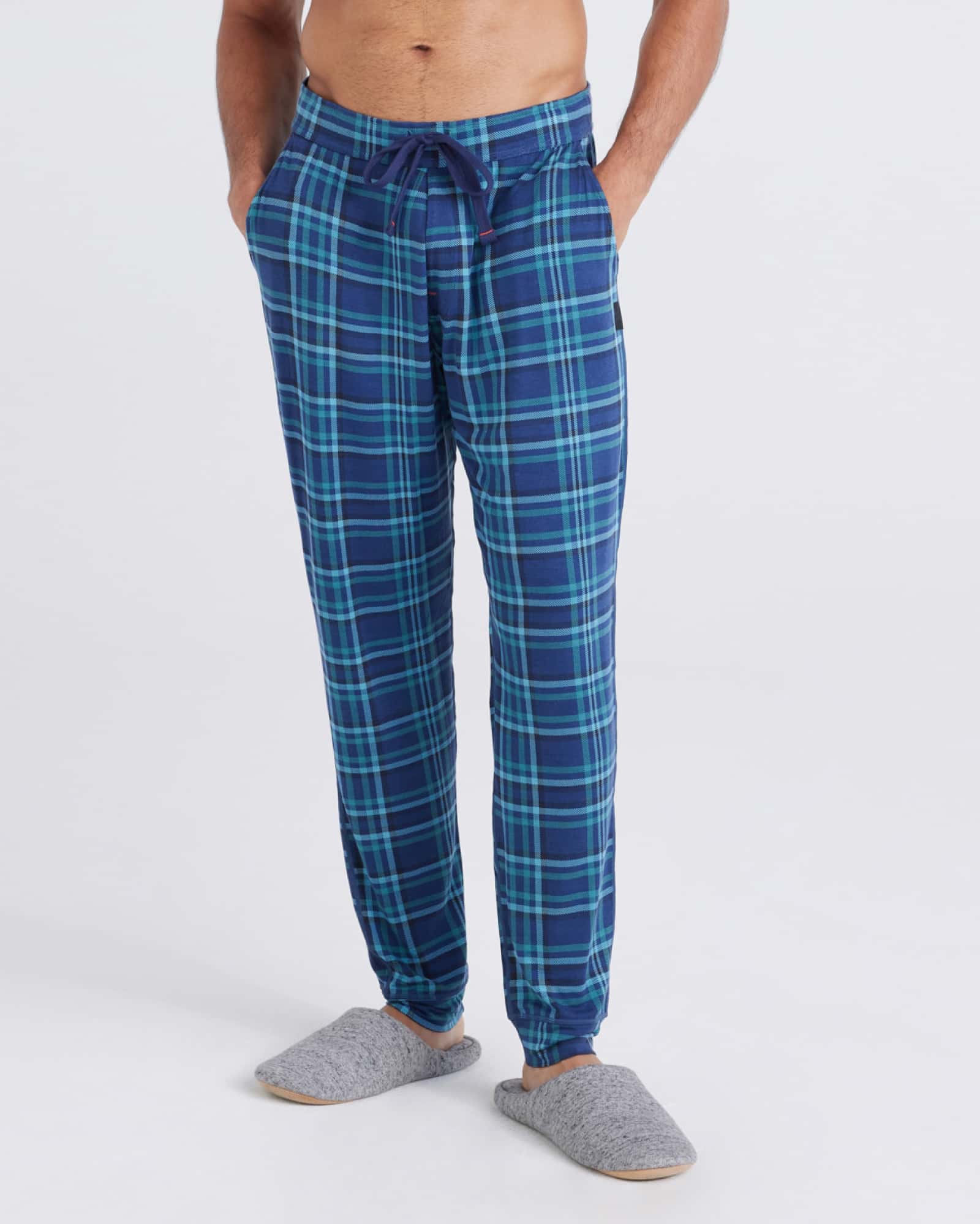 Front - Model wearing  Snooze Sleep Pant in Flannel Plaid-Dark Denim