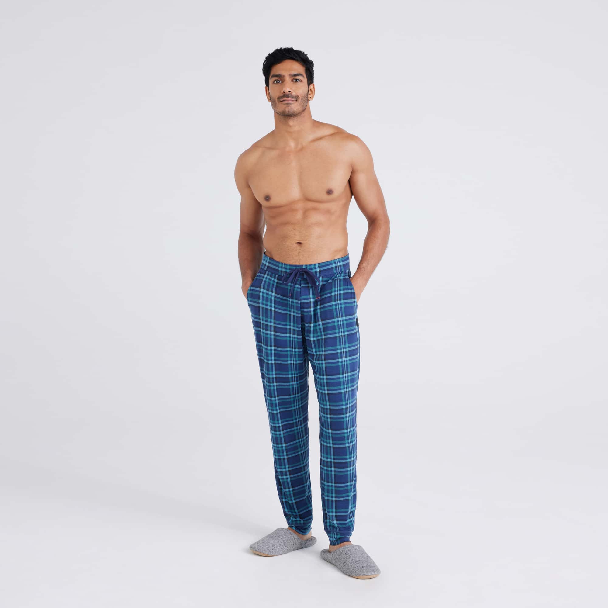 Front - Model wearing  Snooze Sleep Pant in Flannel Plaid-Dark Denim