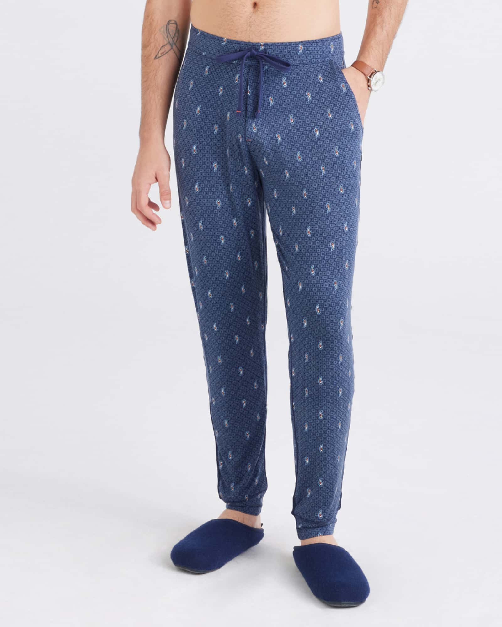 Front - Model wearing  Snooze Sleep Pant in Paisley Tiles-Turbulence